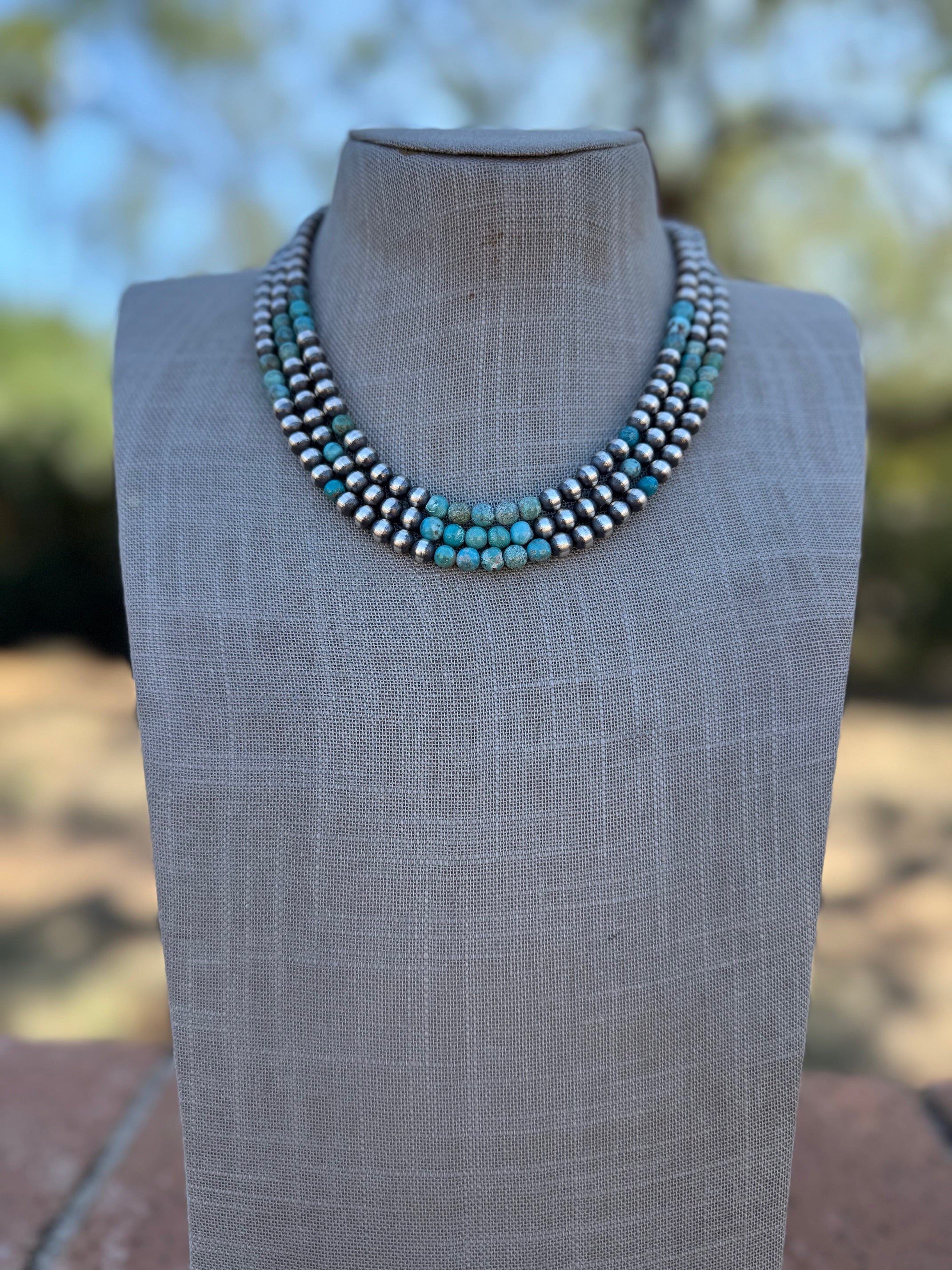 Handcrafted Kingman Turquoise & Sterling Silver Pearl 6mm Beaded Necklace 18"