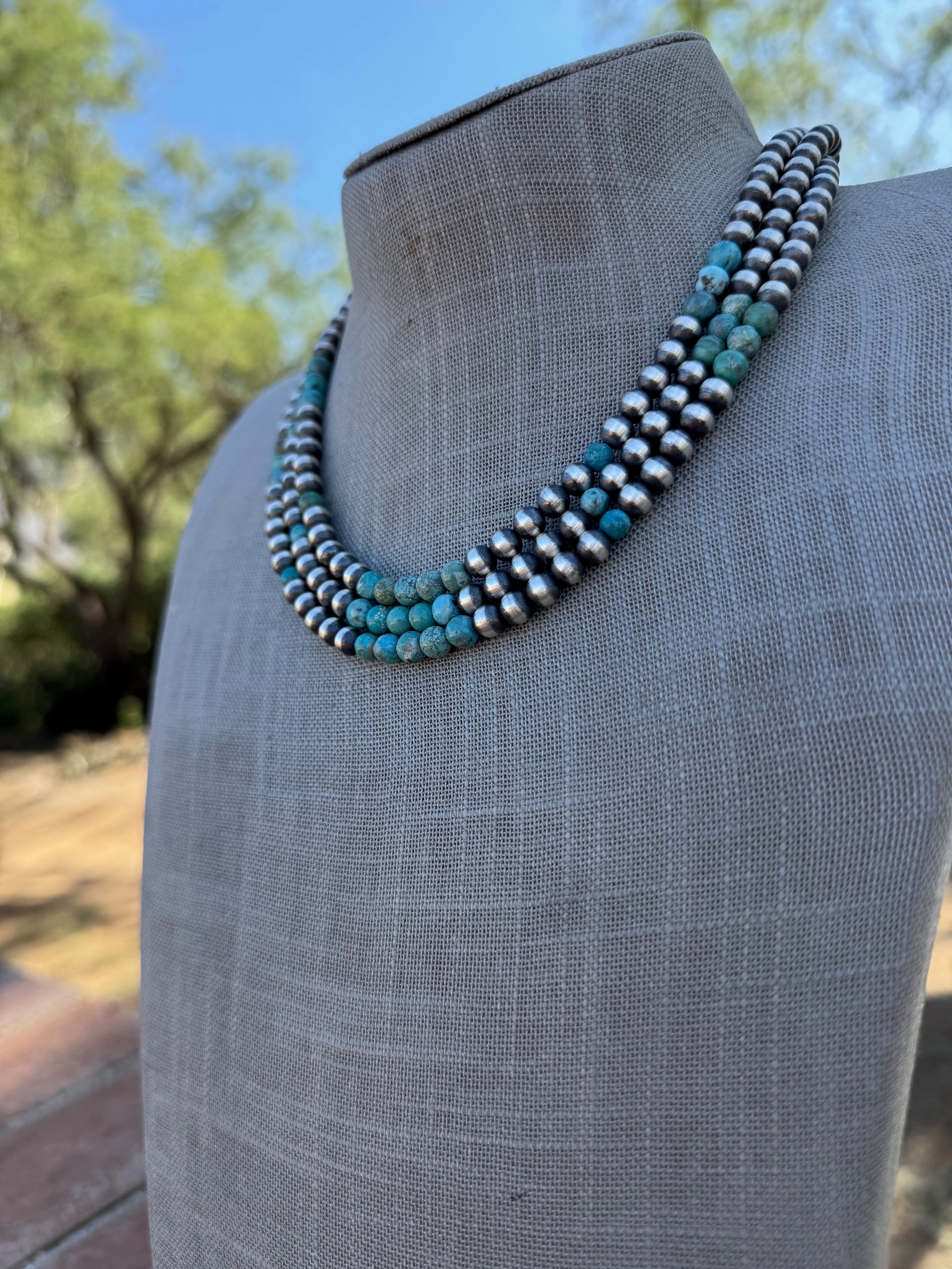 Handcrafted Kingman Turquoise & Sterling Silver Pearl 6mm Beaded Necklace 18"