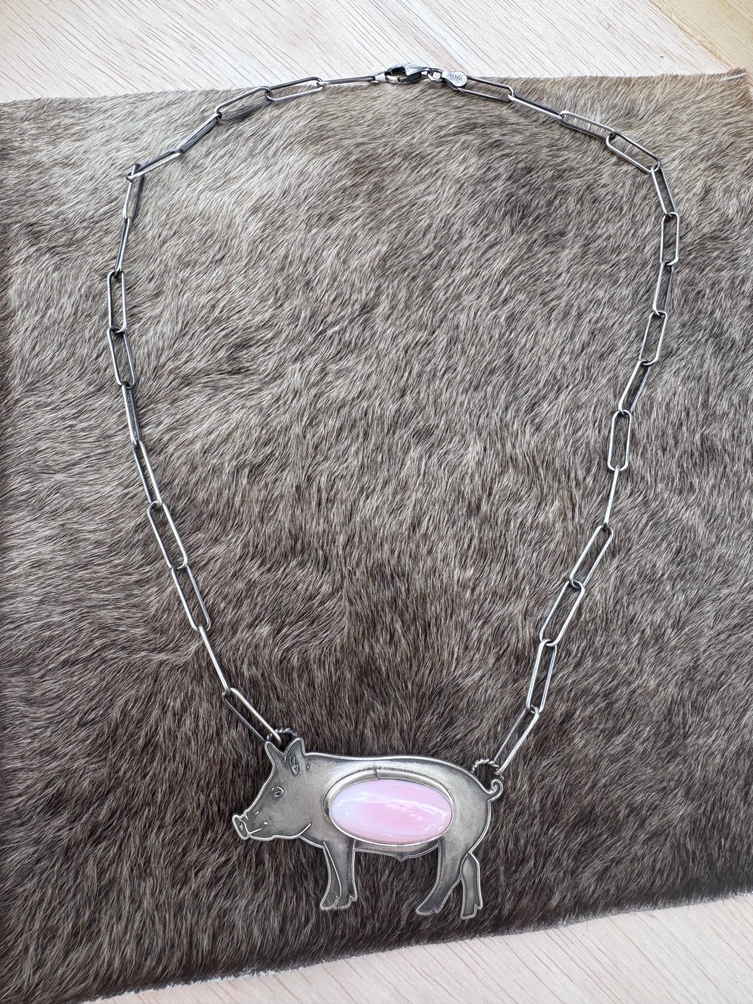 Handmade Sterling Silver & Pink Conch Large Pig 19.5" Necklace by Roaming Buffalo