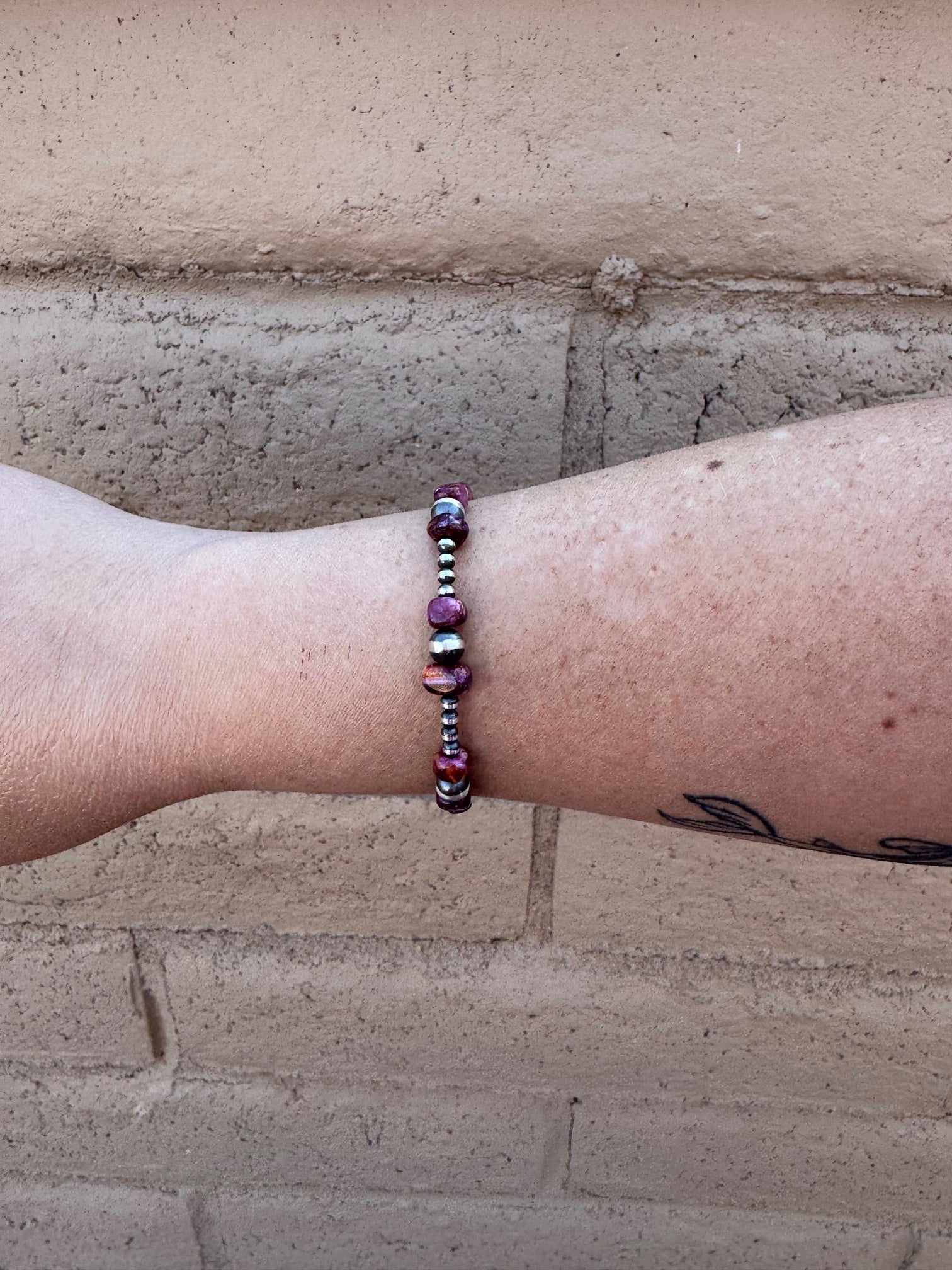 Handcrafted Round Purple Spiny & Sterling Silver Pearl 3mm & 6mm Beaded Bracelet 7.5"