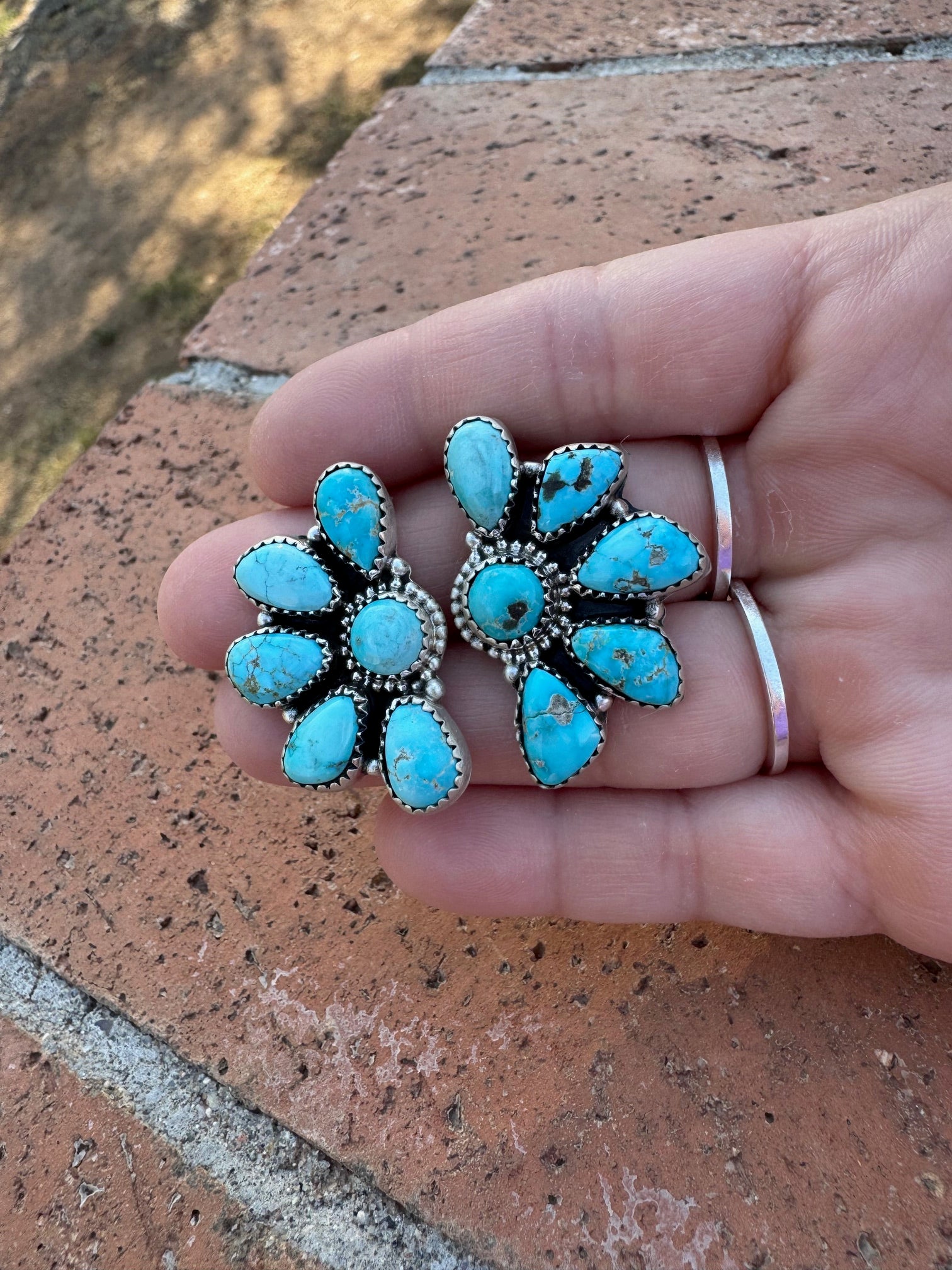 Handmade Sterling Silver Blue Bird Turquoise Crescent Post Earrings with Signed Nizhoni