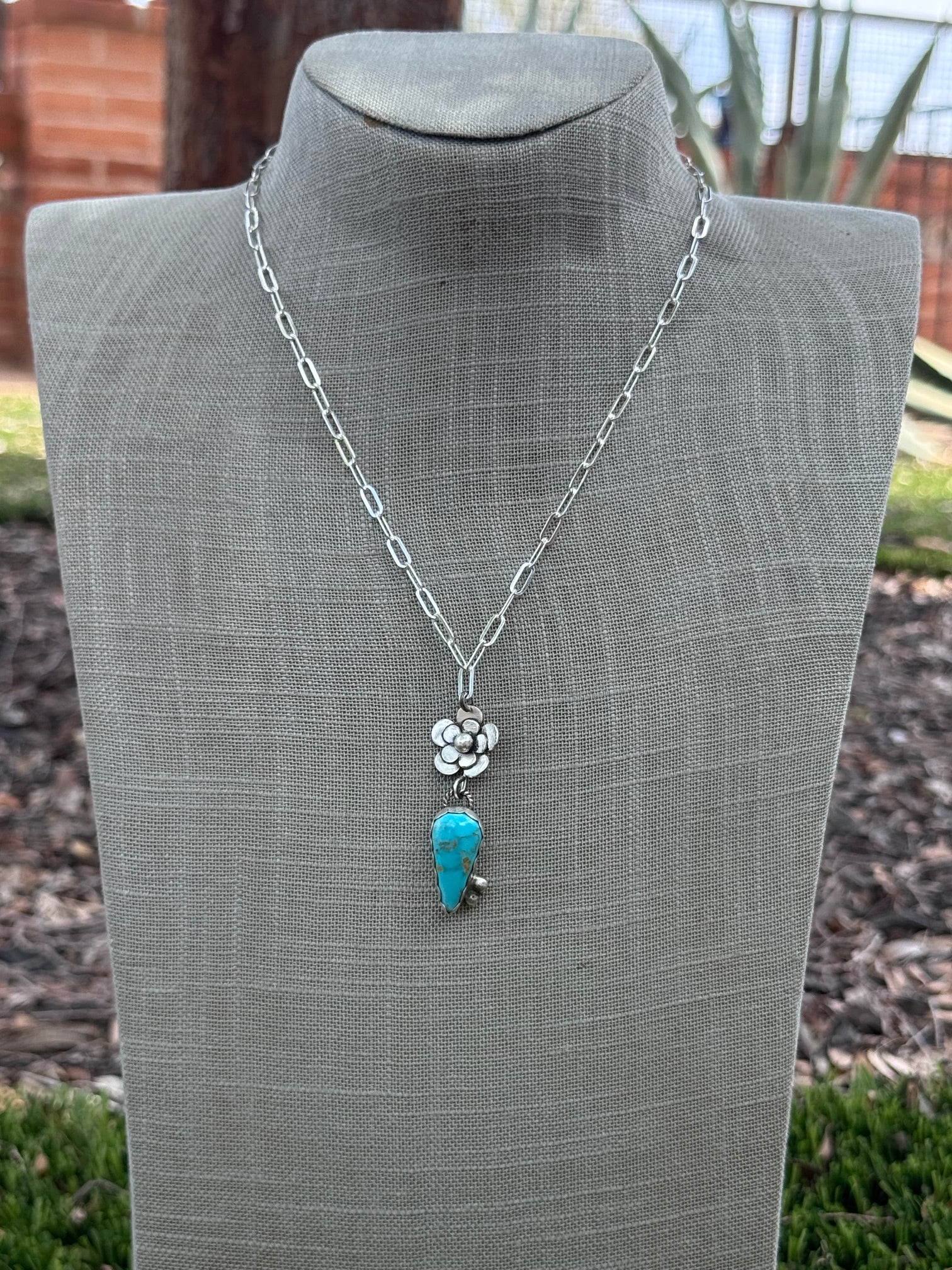 Handmade Sterling Silver & Pilot Mountain Turquoise Flower 18" Necklace by Roaming Buffalo