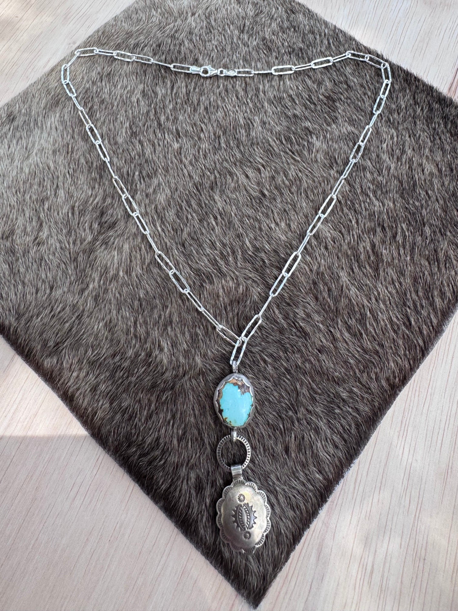 Handmade Sterling Silver & Carico Lake Concho 18" Necklace by Roaming Buffalo