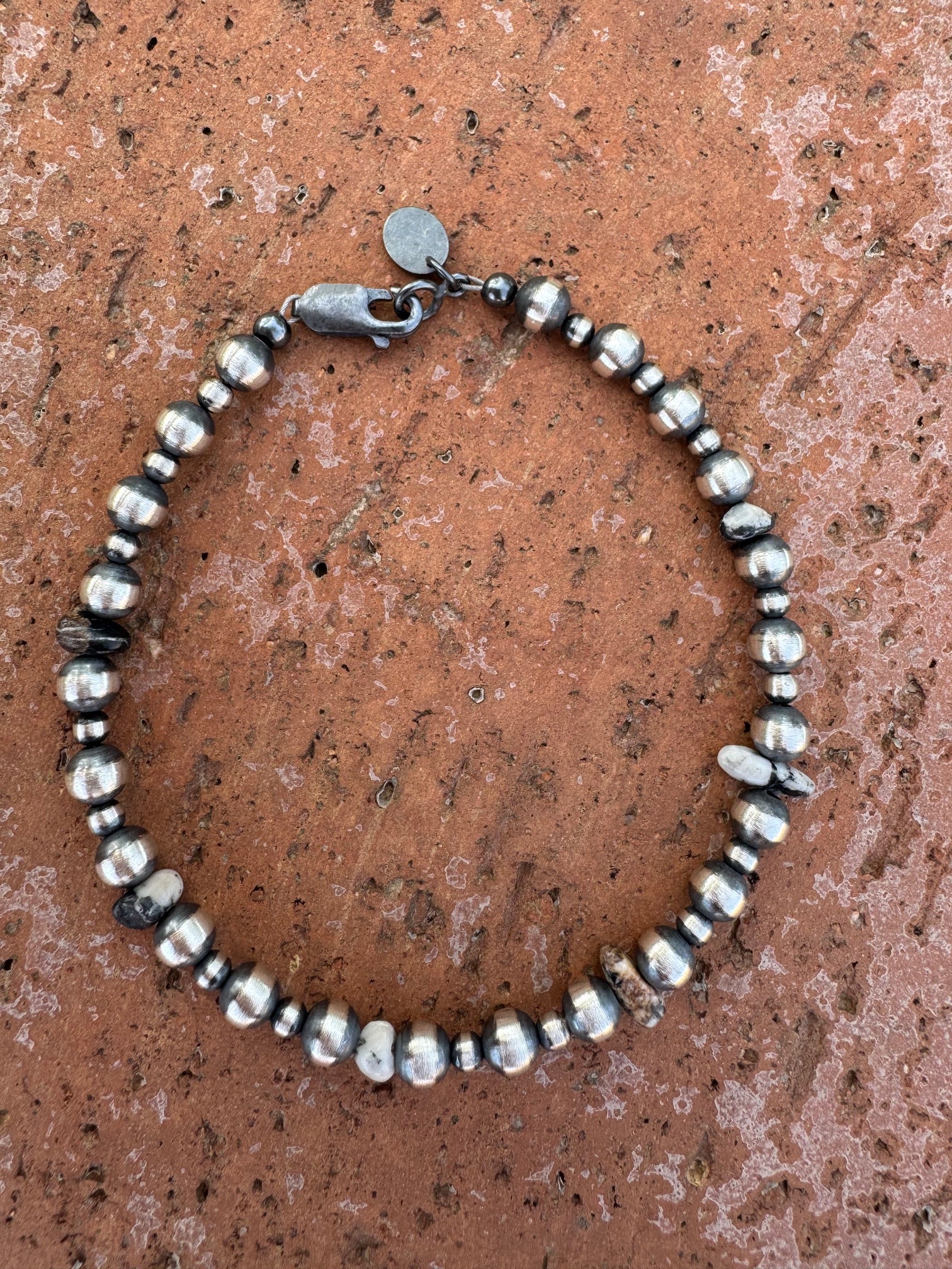 Handcrafted White Buffalo & Sterling Silver Pearl 3&5mm Beaded Bracelet 7.5"