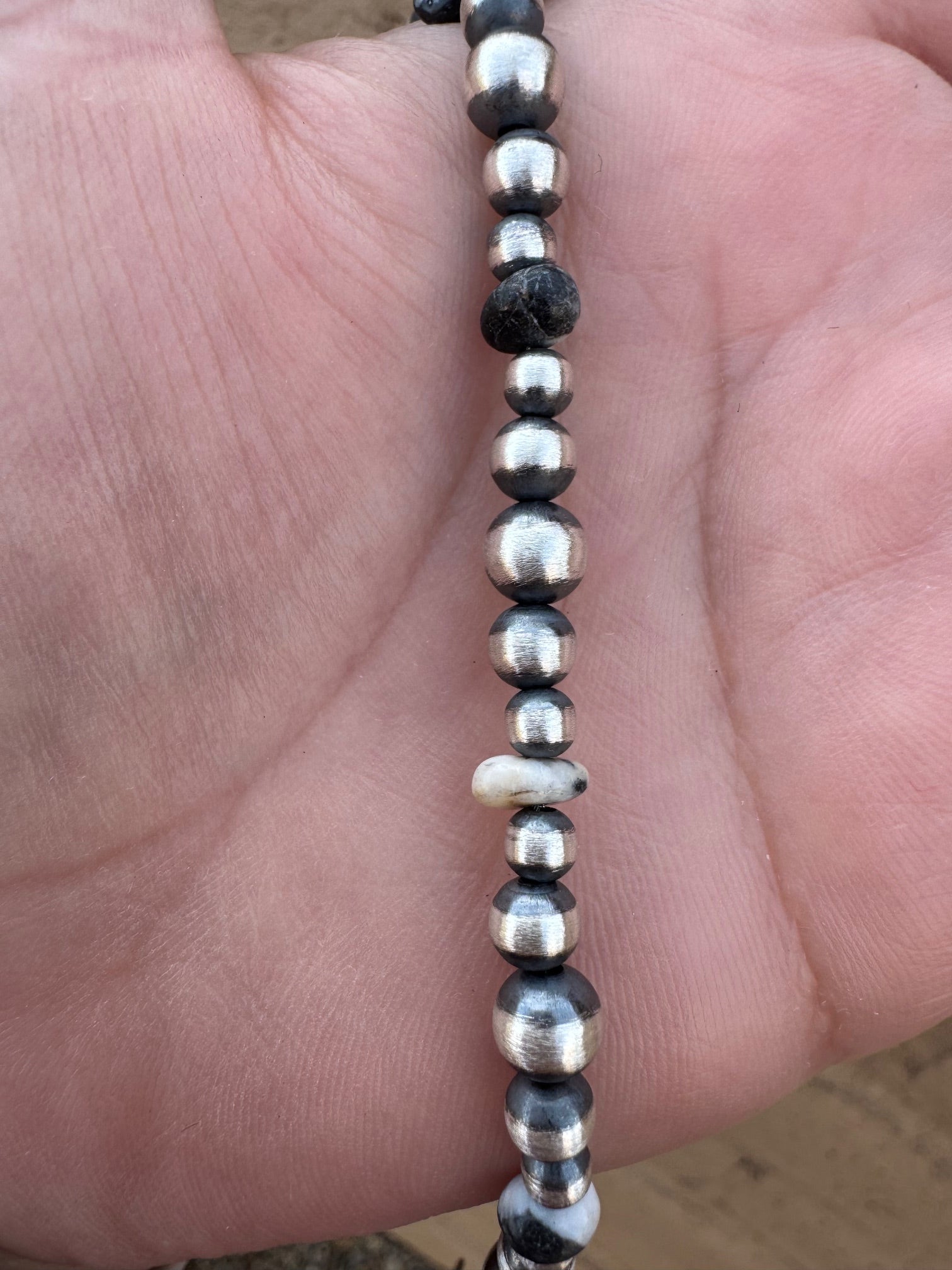 Handcrafted White Buffalo & Sterling Silver Pearl 4-6mm Beaded Bracelet 7.5"