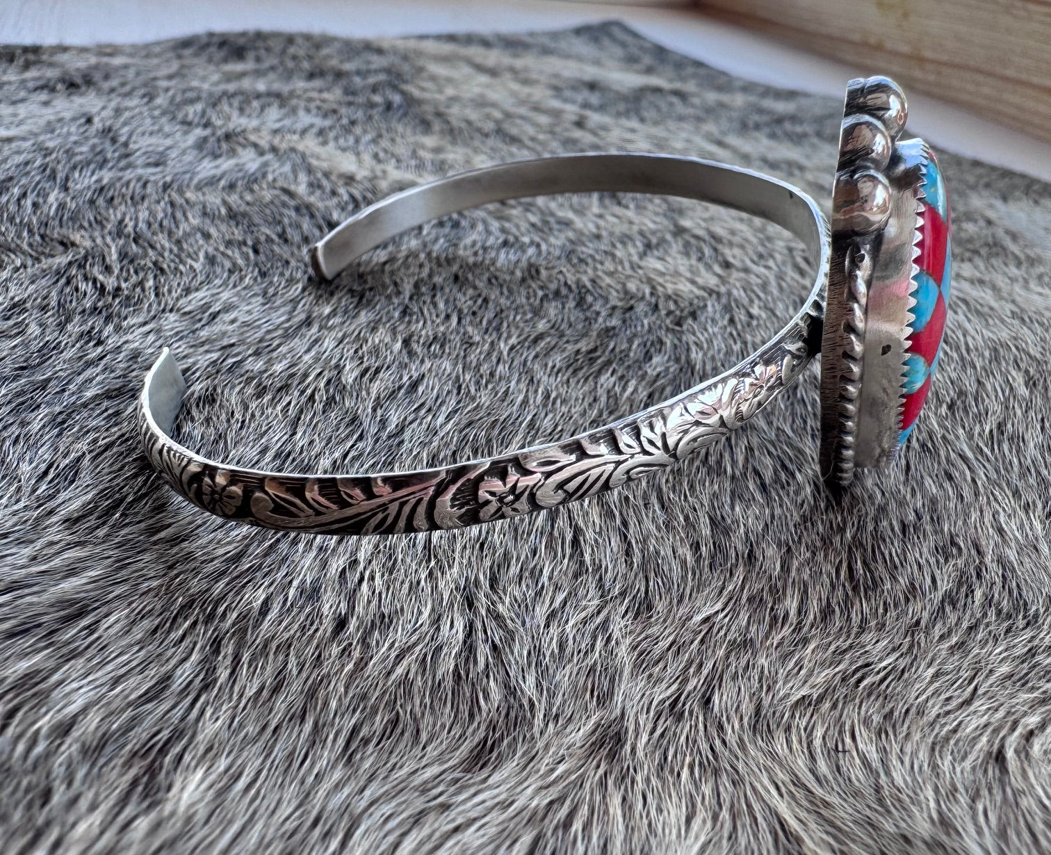 Handmade Sterling Silver & Kingman, Rosarita Checkered Cuff by Roaming Buffalo