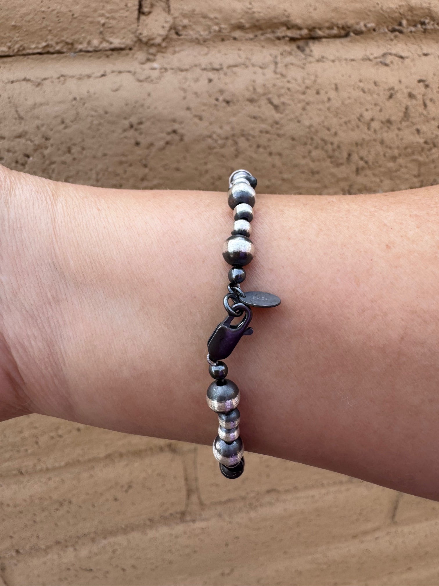 Handcrafted White Buffalo & Sterling Silver Pearl 4 & 6mm Beaded Bracelet 7.5"