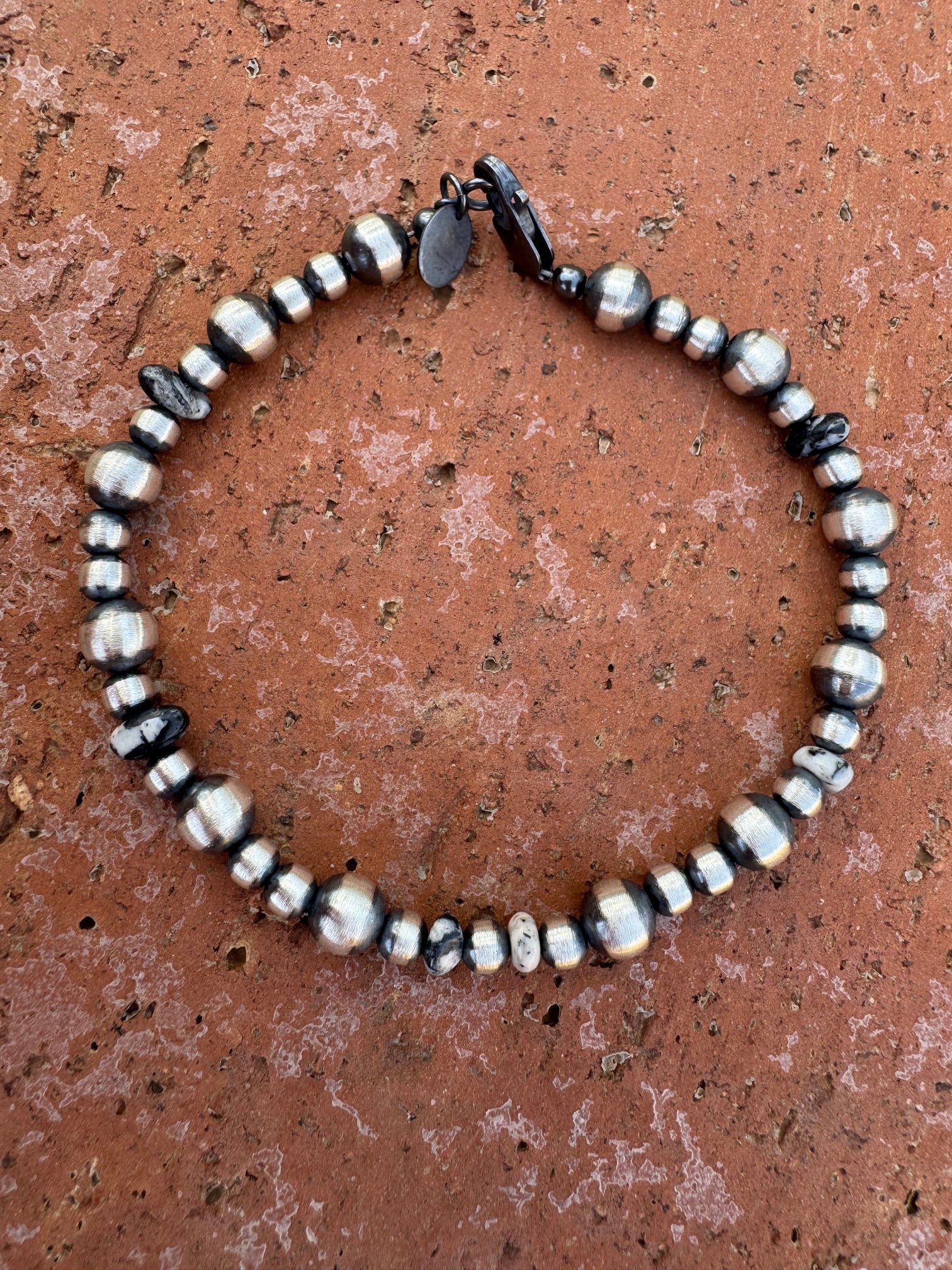 Handcrafted White Buffalo & Sterling Silver Pearl 4&6mm Beaded Bracelet 7.5"