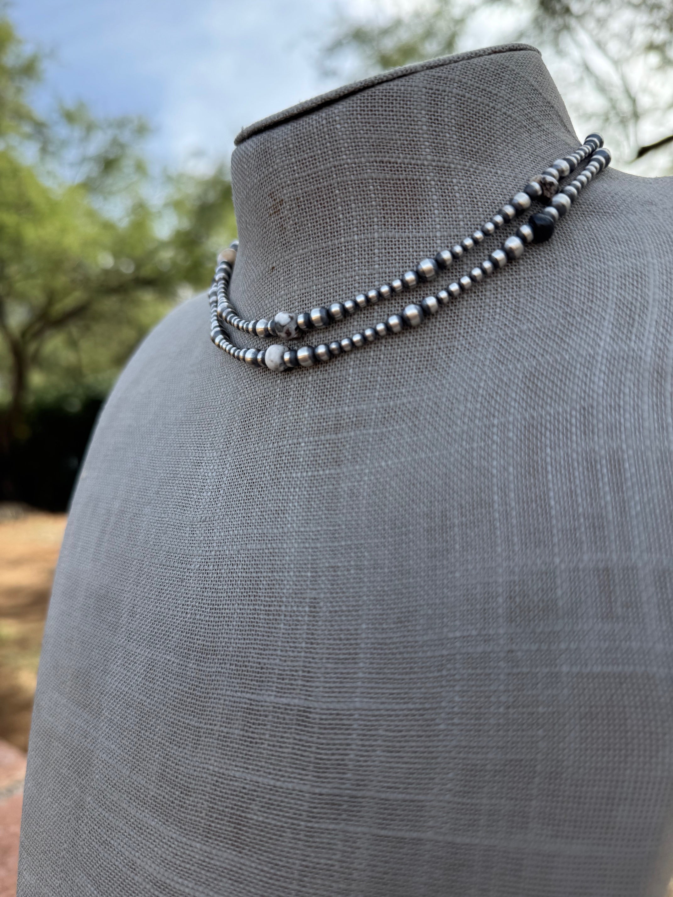 Handcrafted Sterling Silver & White Buffalo 3-5mm Beaded Necklace 14"