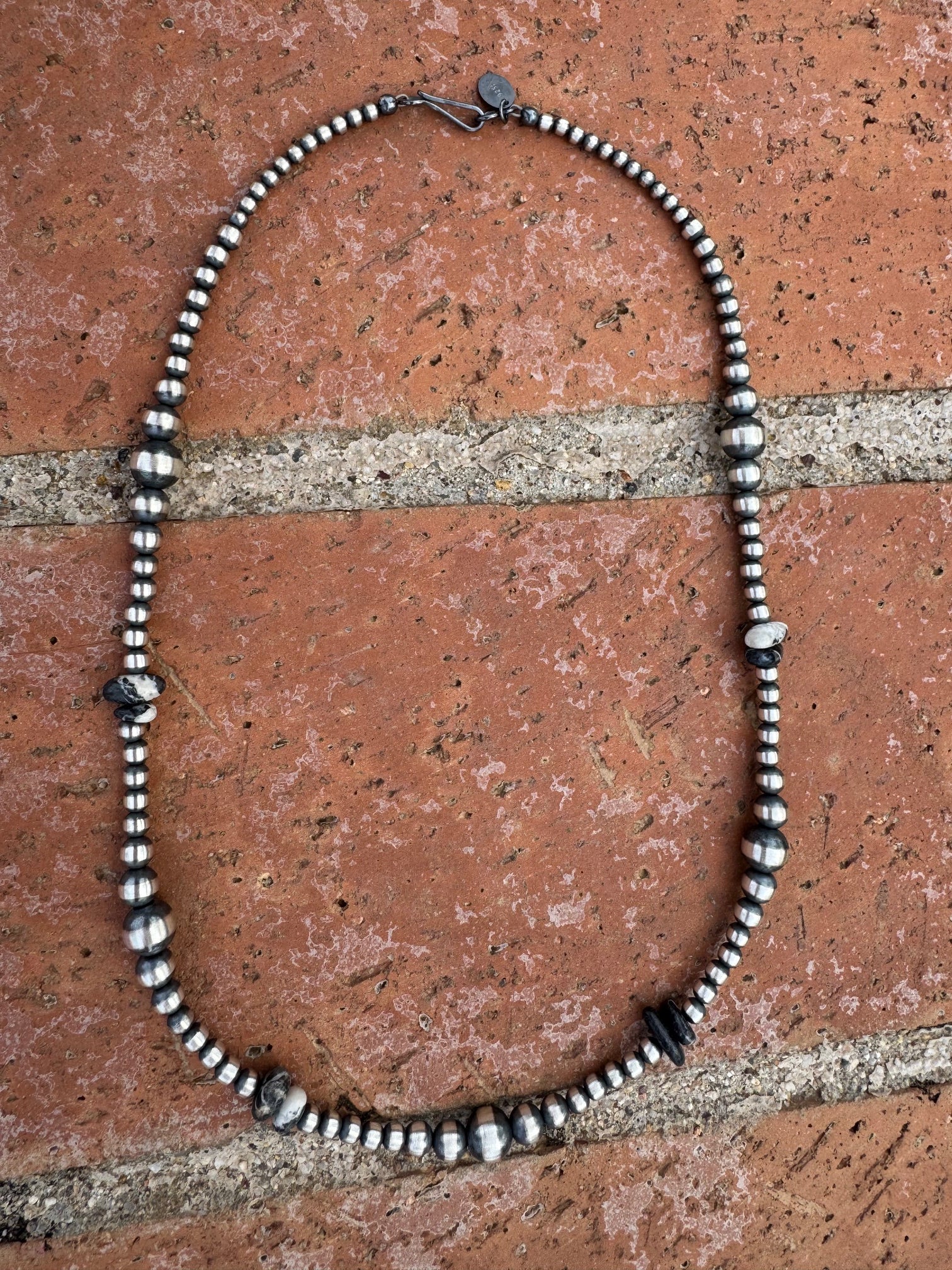 Handcrafted Sterling Silver & White Buffalo 3-8mm Beaded Necklace 18"