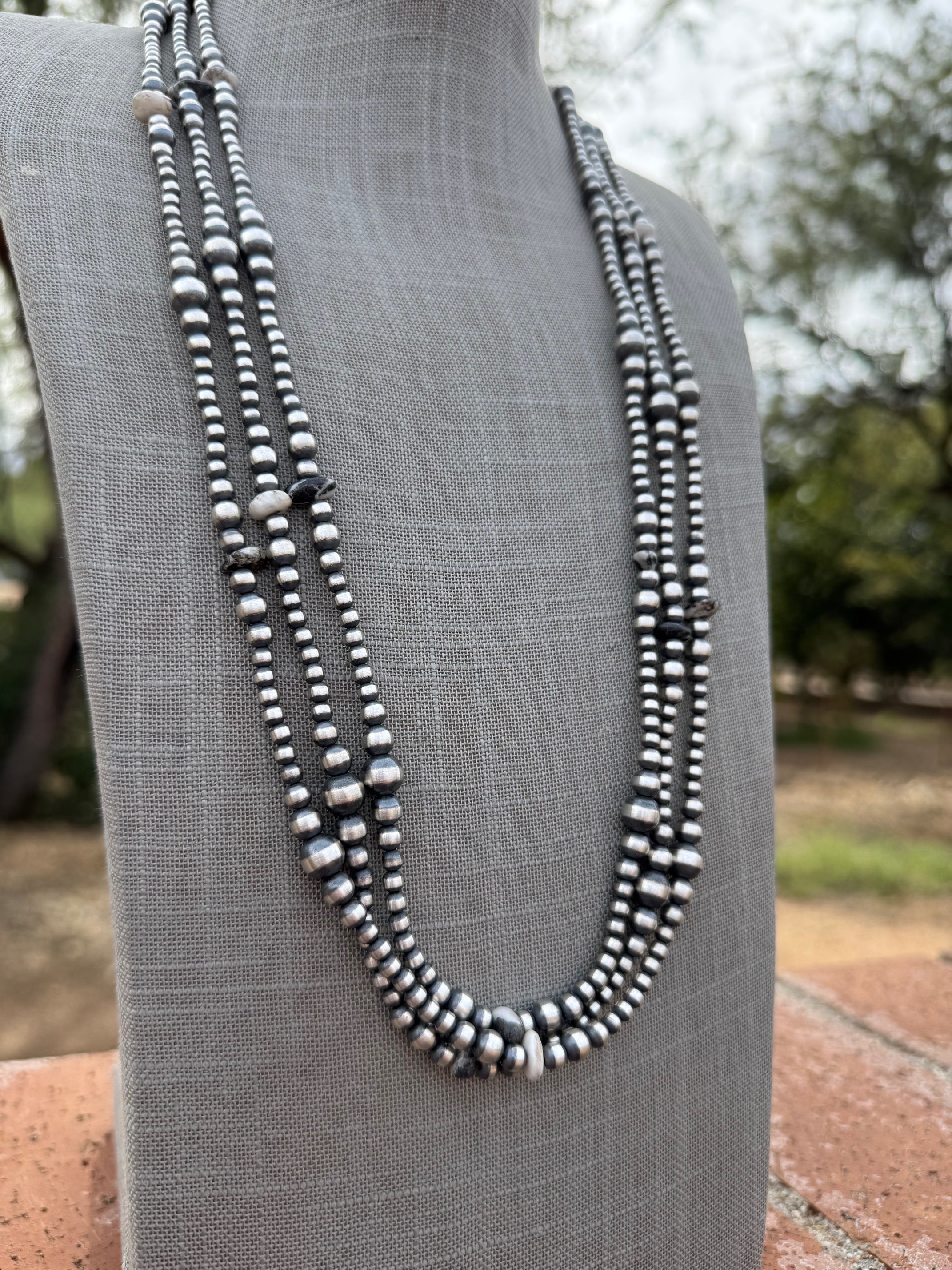 Handcrafted Sterling Silver & White Buffalo 4-8mm Beaded Necklace 30"