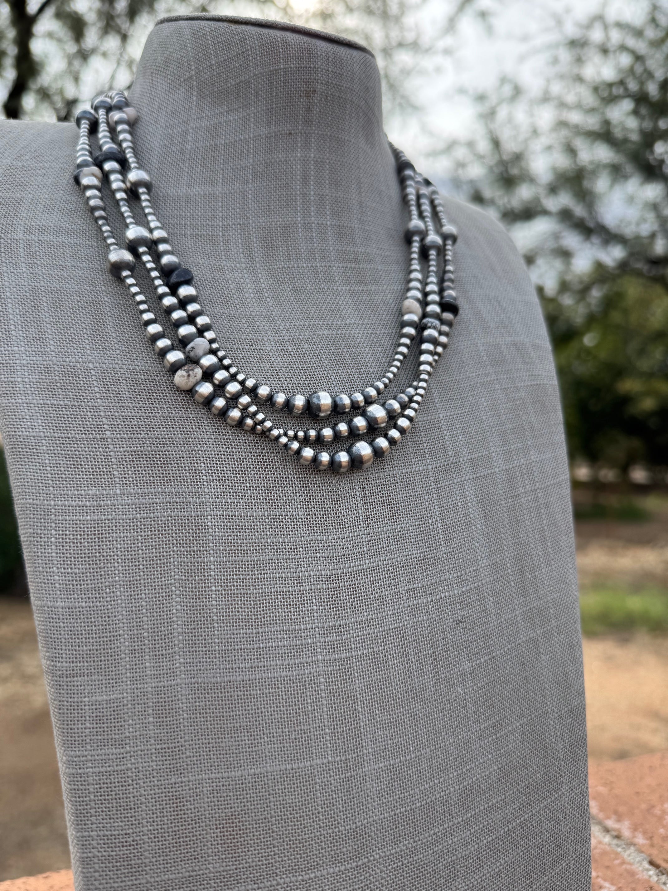 Handcrafted Sterling Silver & White Buffalo 3-8mm Beaded Necklace 20"