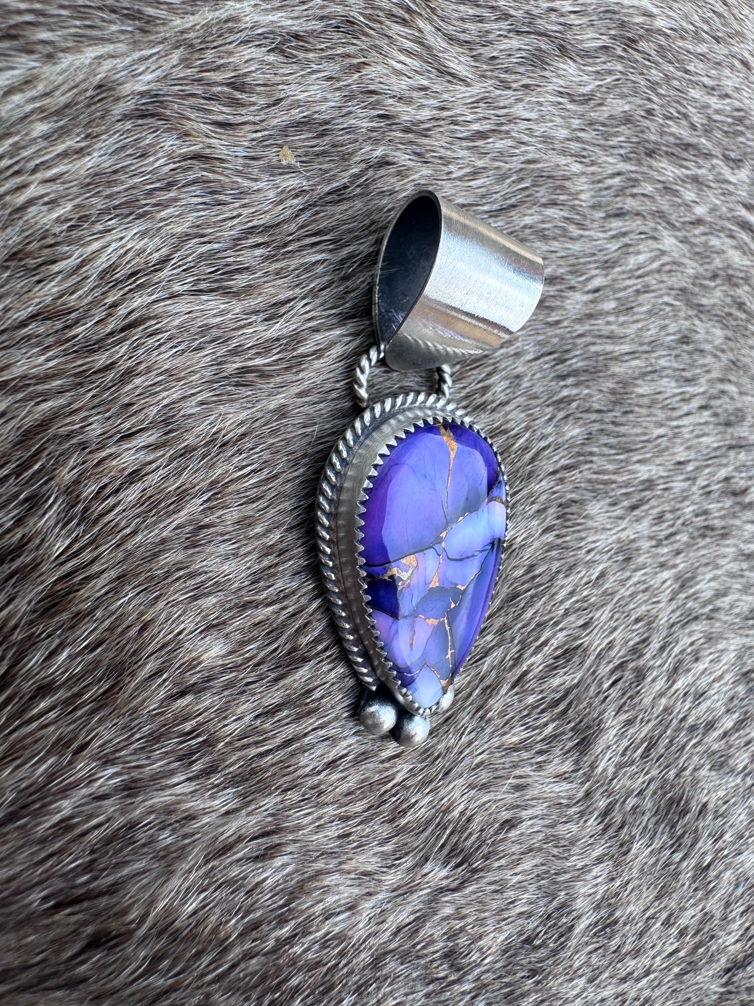 Handmade Sterling Silver Purple Mojave Tear Drop Ball Pendant by Roaming Buffalo
