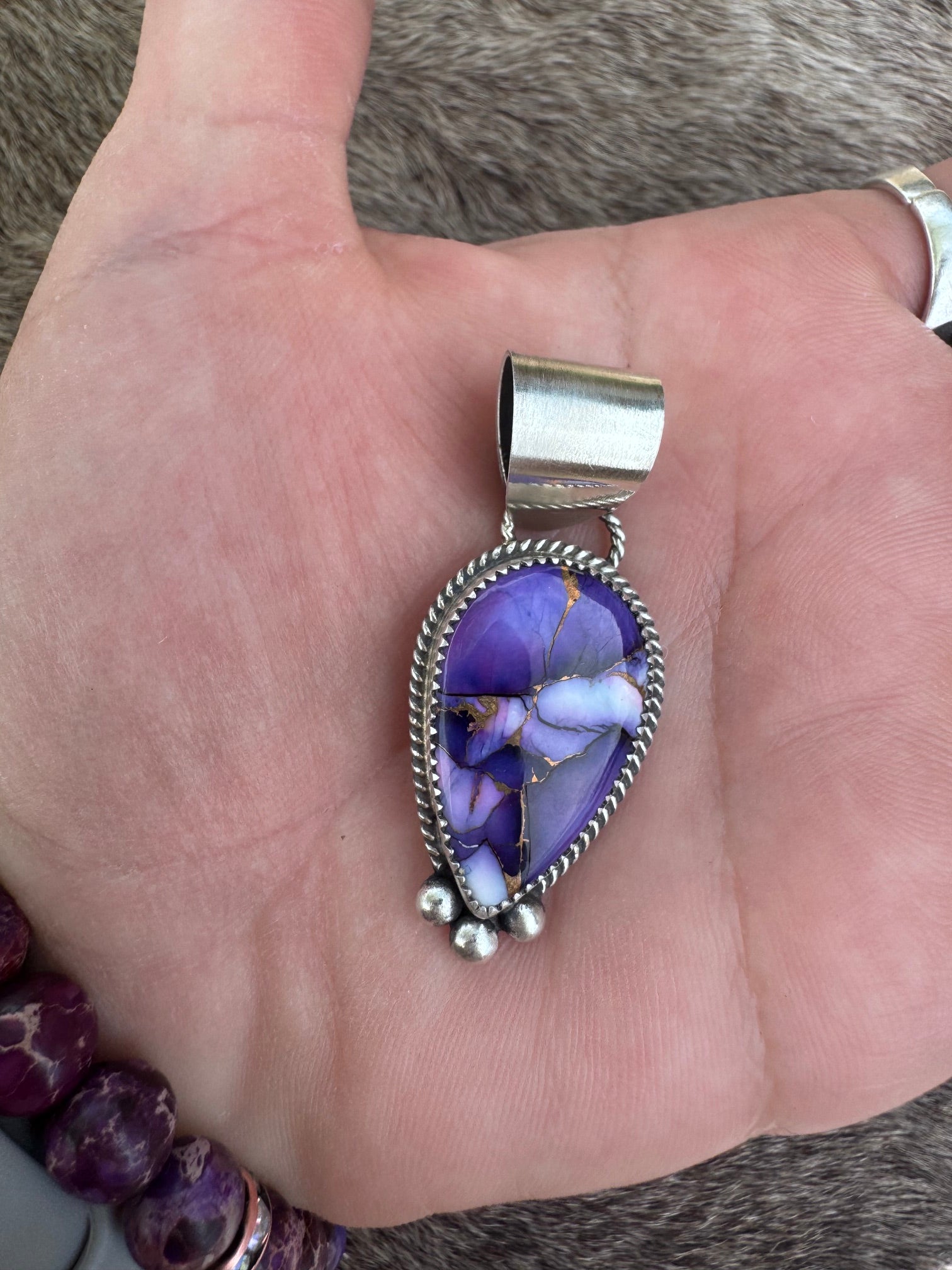 Handmade Sterling Silver Purple Mojave Tear Drop Ball Pendant by Roaming Buffalo