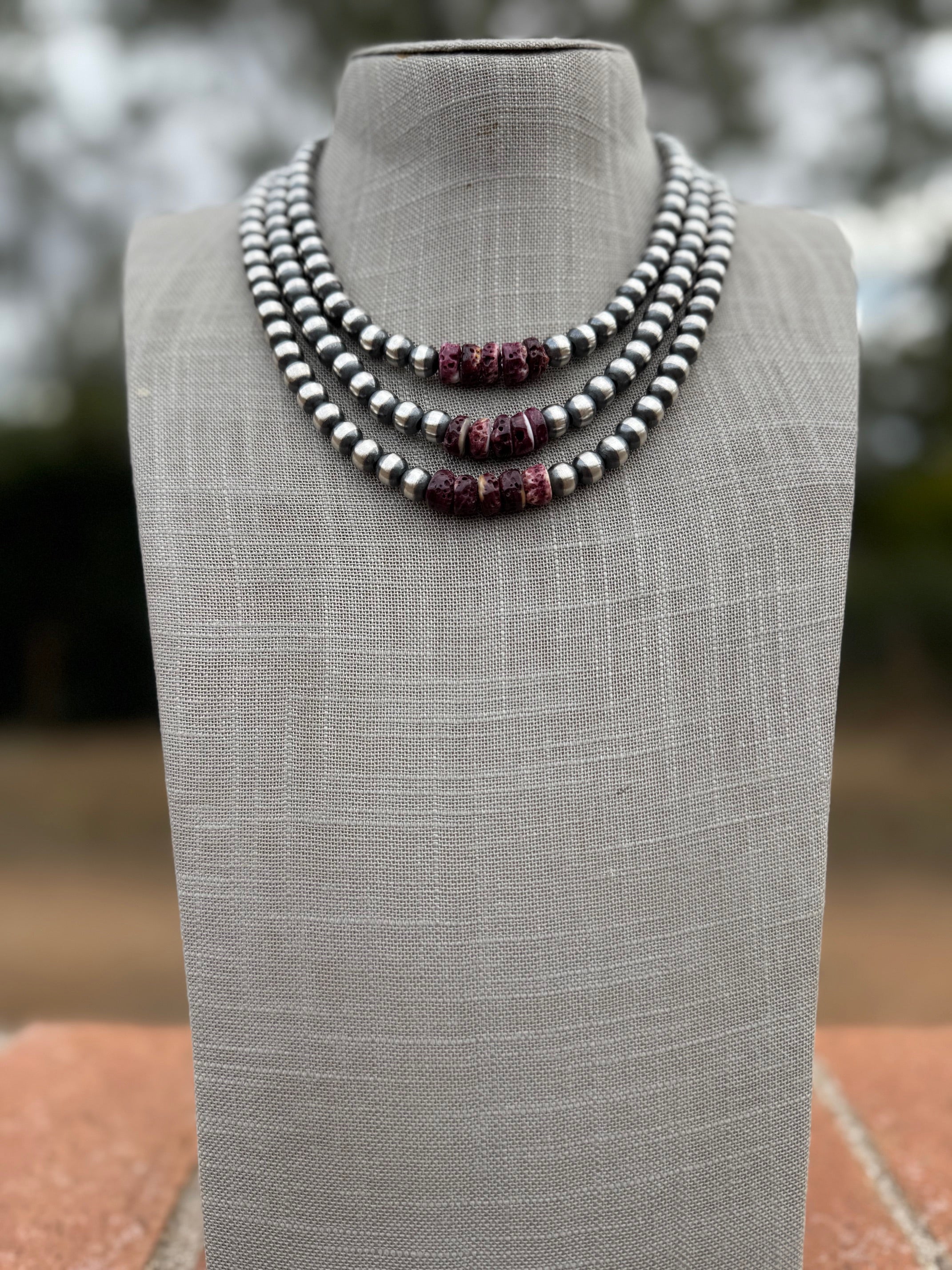 Handcrafted Sterling Silver Pearl & Purple Spiny 8mm Beaded Necklace