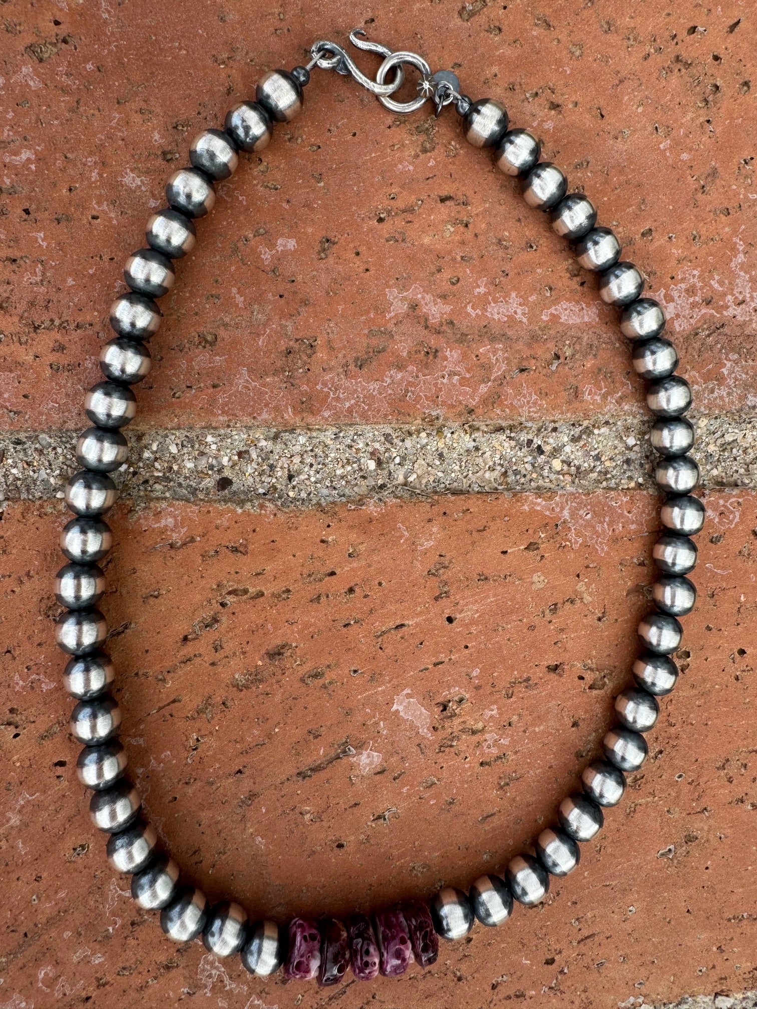 Handcrafted Sterling Silver Pearl & Purple Spiny 8mm Beaded Necklace