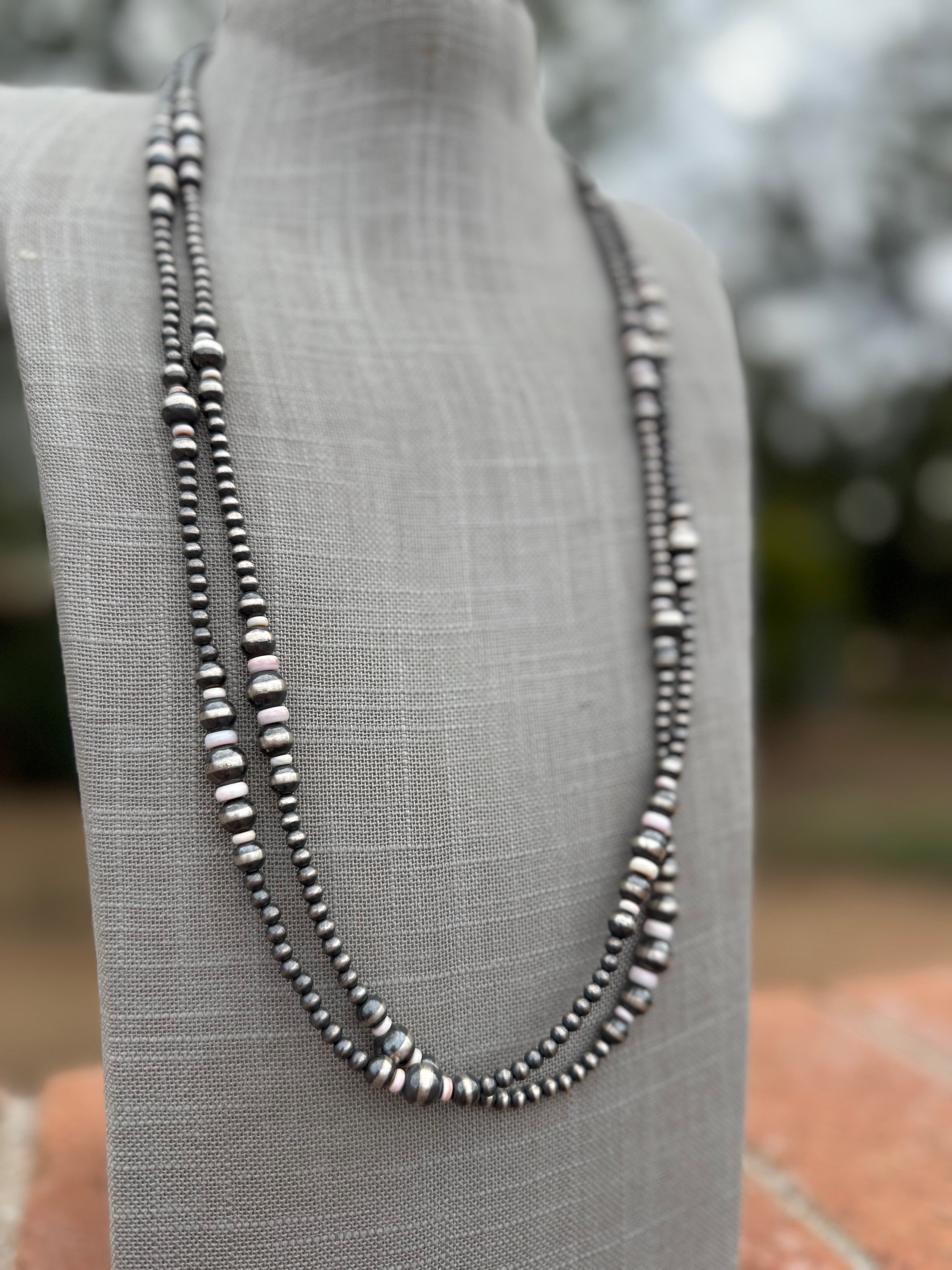 Handcrafted Pink Conch & Sterling Silver Pearl 4-8mm Beaded Necklace 60"