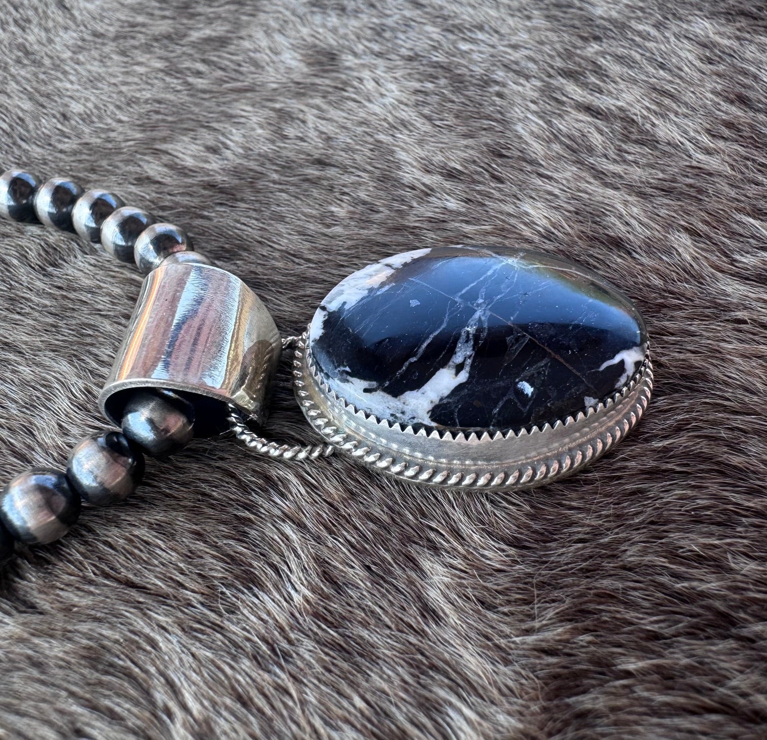 Handmade Sterling Silver White Buffalo Large Oval Turquoise Pendant by Roaming Buffalo