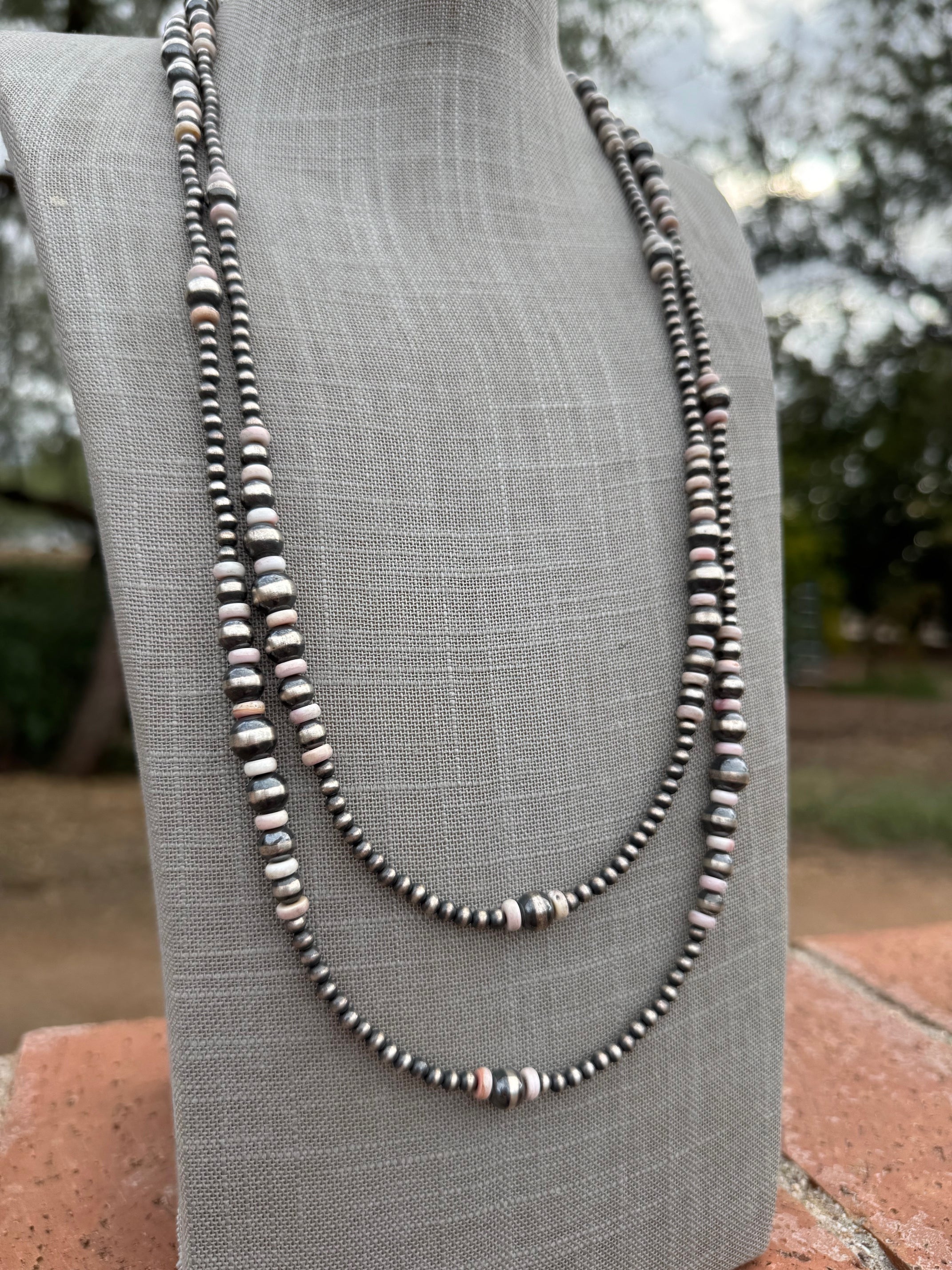 Handcrafted Pink Conch & Sterling Silver Pearl 4-8mm Beaded Necklace 60"