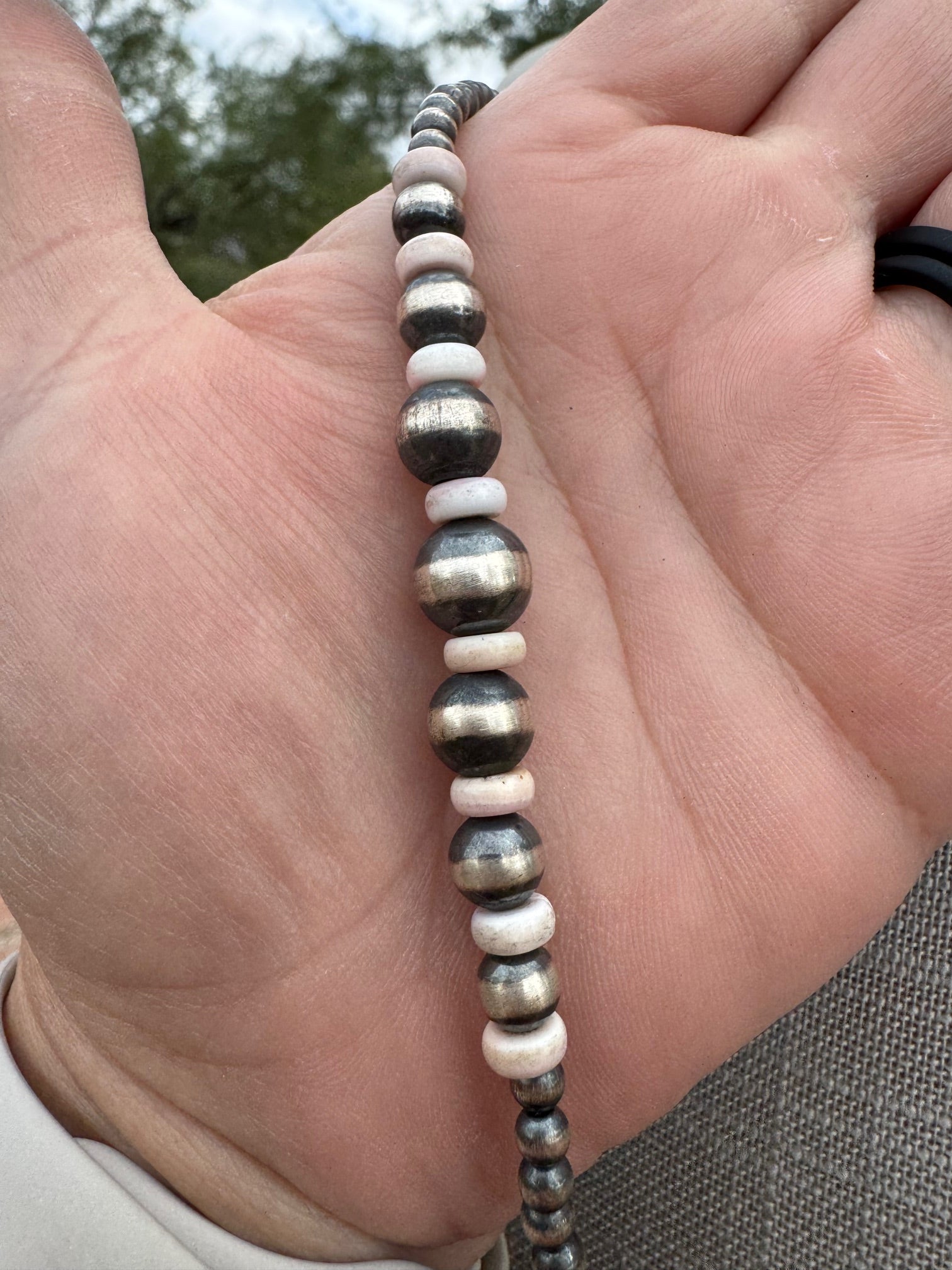 Handcrafted Pink Conch & Sterling Silver Pearl 4-8mm Beaded Necklace 60"