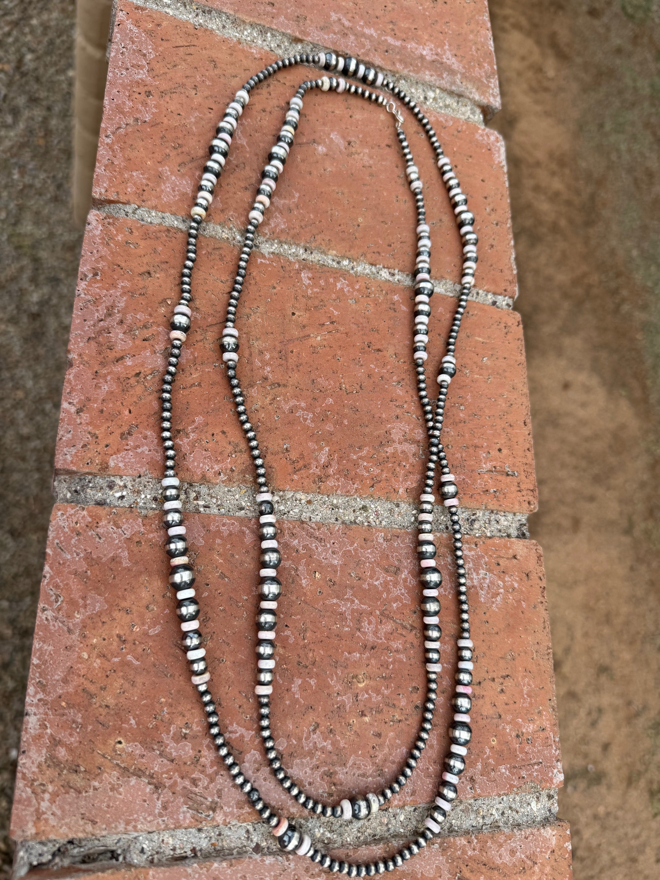 Handcrafted Pink Conch & Sterling Silver Pearl 4-8mm Beaded Necklace 60"