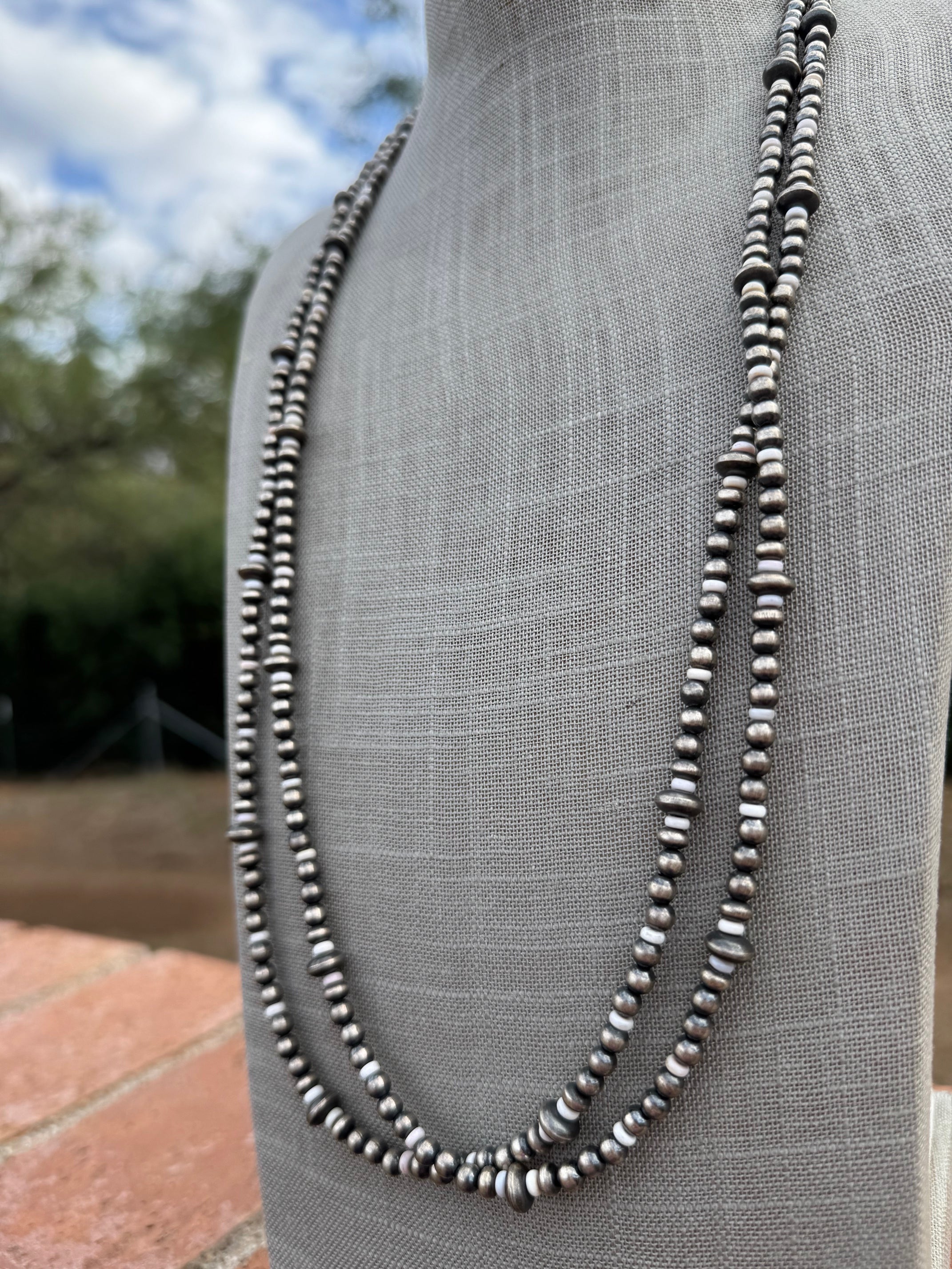 Handcrafted Pink Conch & Sterling Silver 4-8mm Beaded Necklace 60"