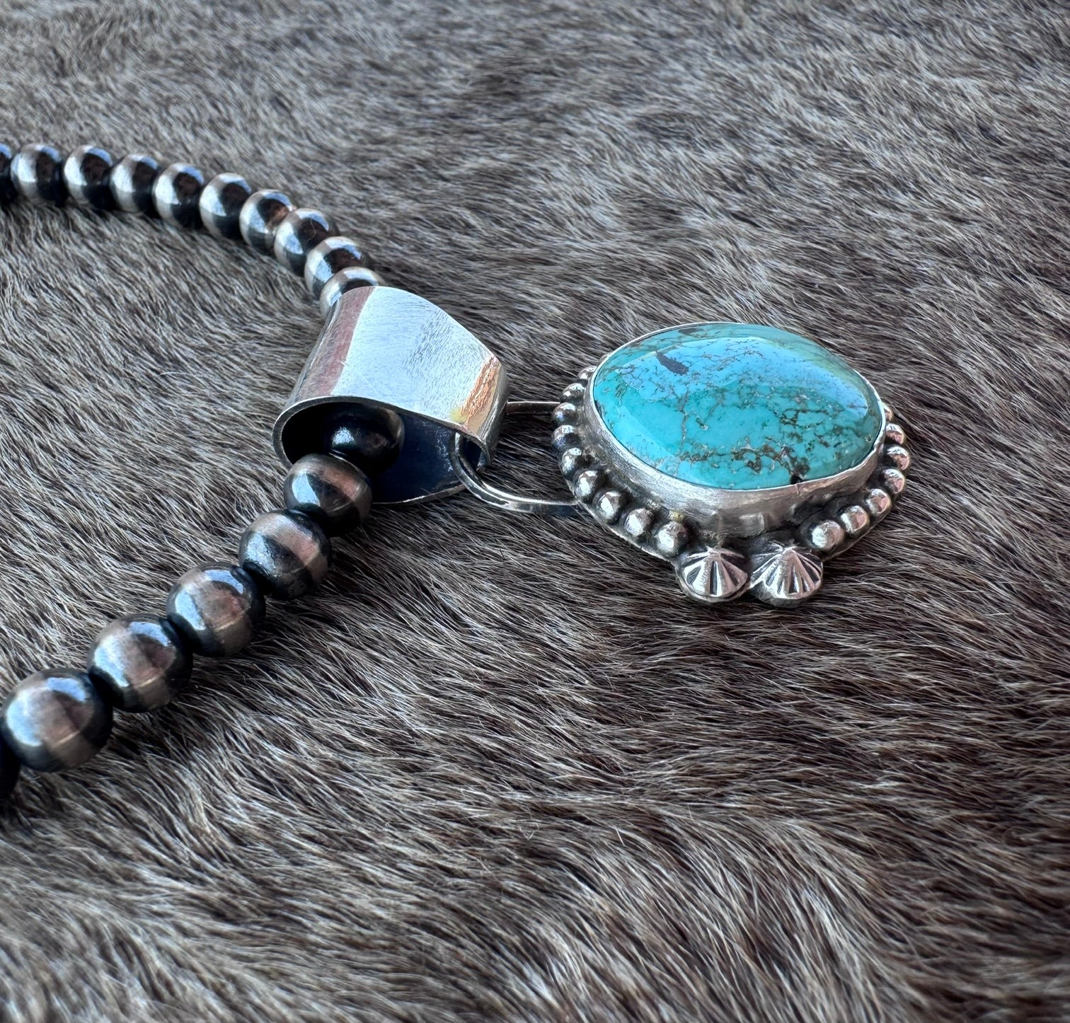 Handmade Sterling Silver Carico Lake Turquoise Stamped Ball Pendant by Roaming Buffalo
