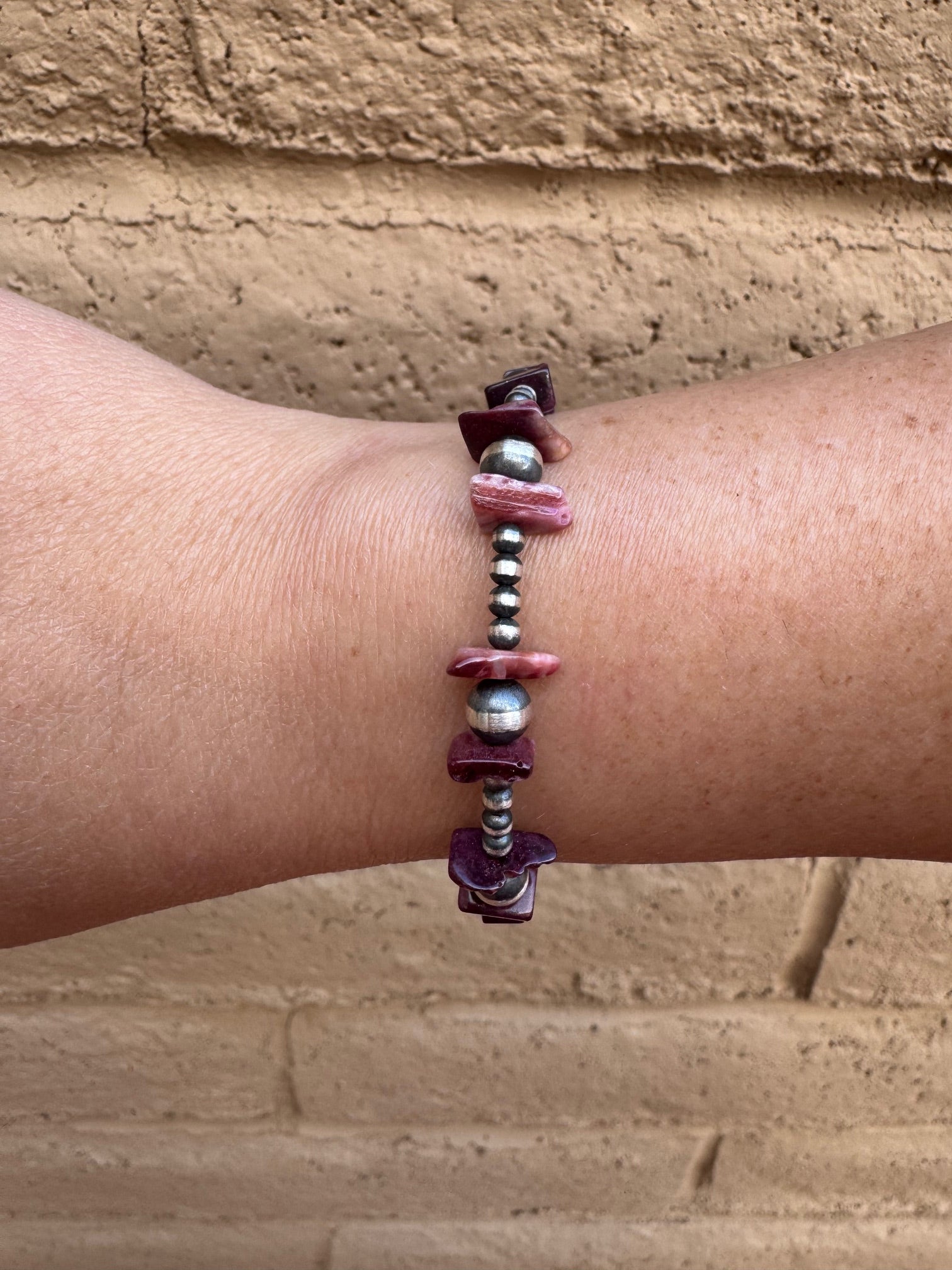 Handcrafted Flat Purple Spiny & Sterling Silver Pearl 3mm & 6mm Beaded Bracelet 7.5"