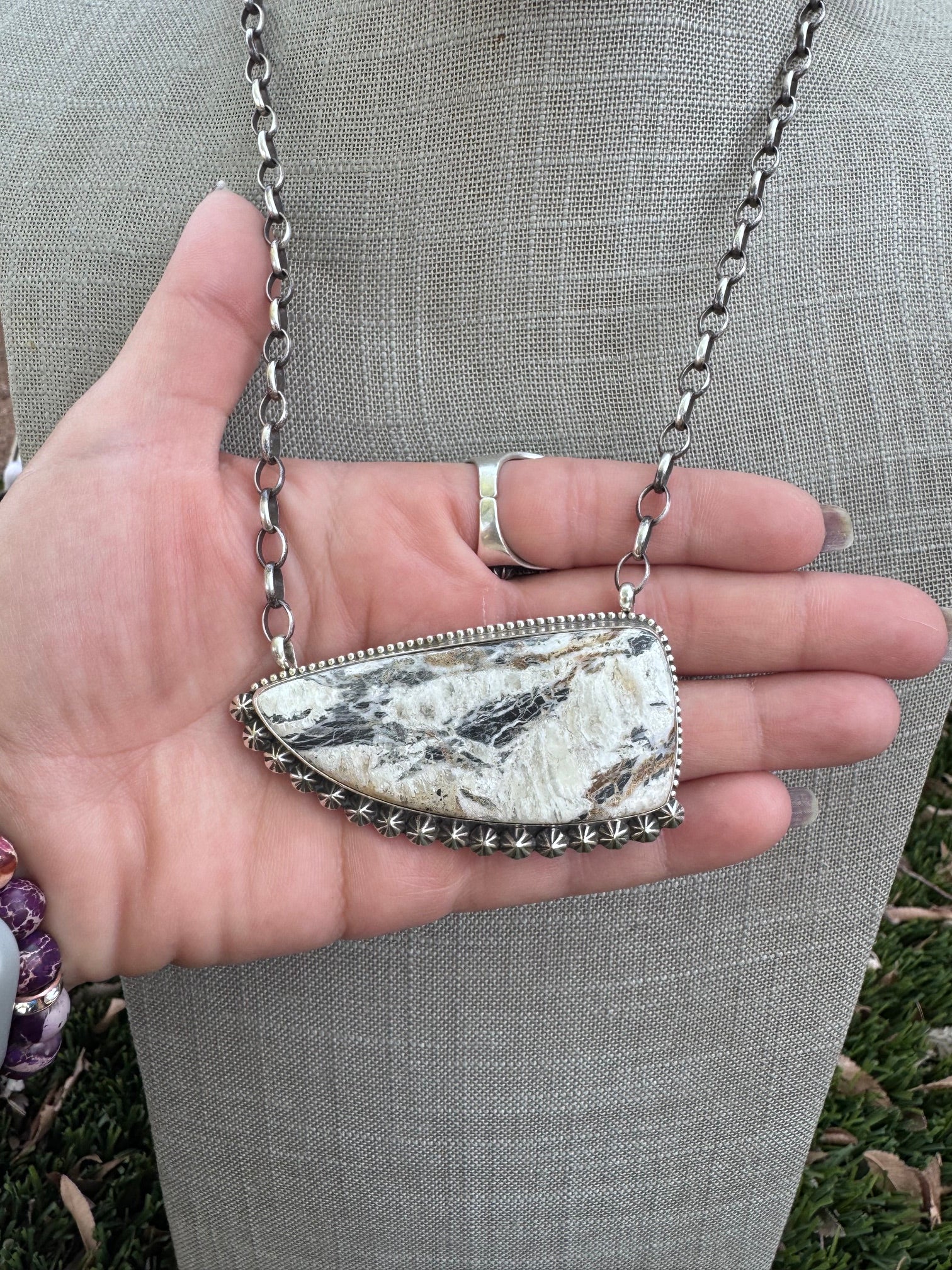 Handmade Sterling Silver White Buffalo Statement Stone 19.75" Necklace by Roaming Buffalo