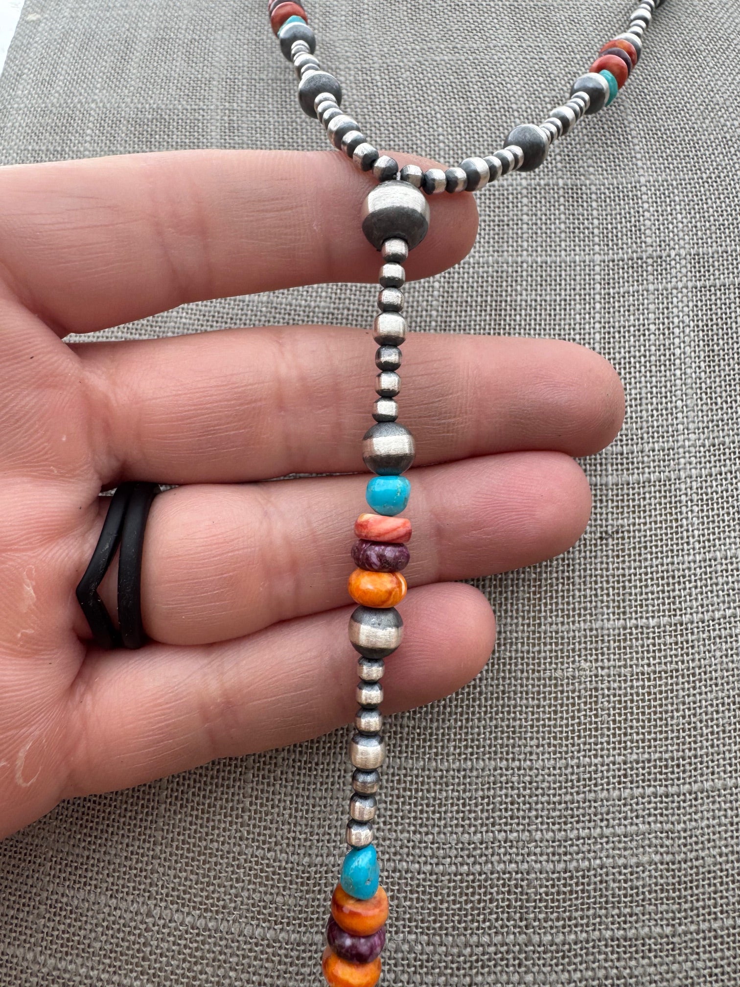 Handcrafted Sterling Silver & Multi Stone Beaded Lariat Necklace 20"