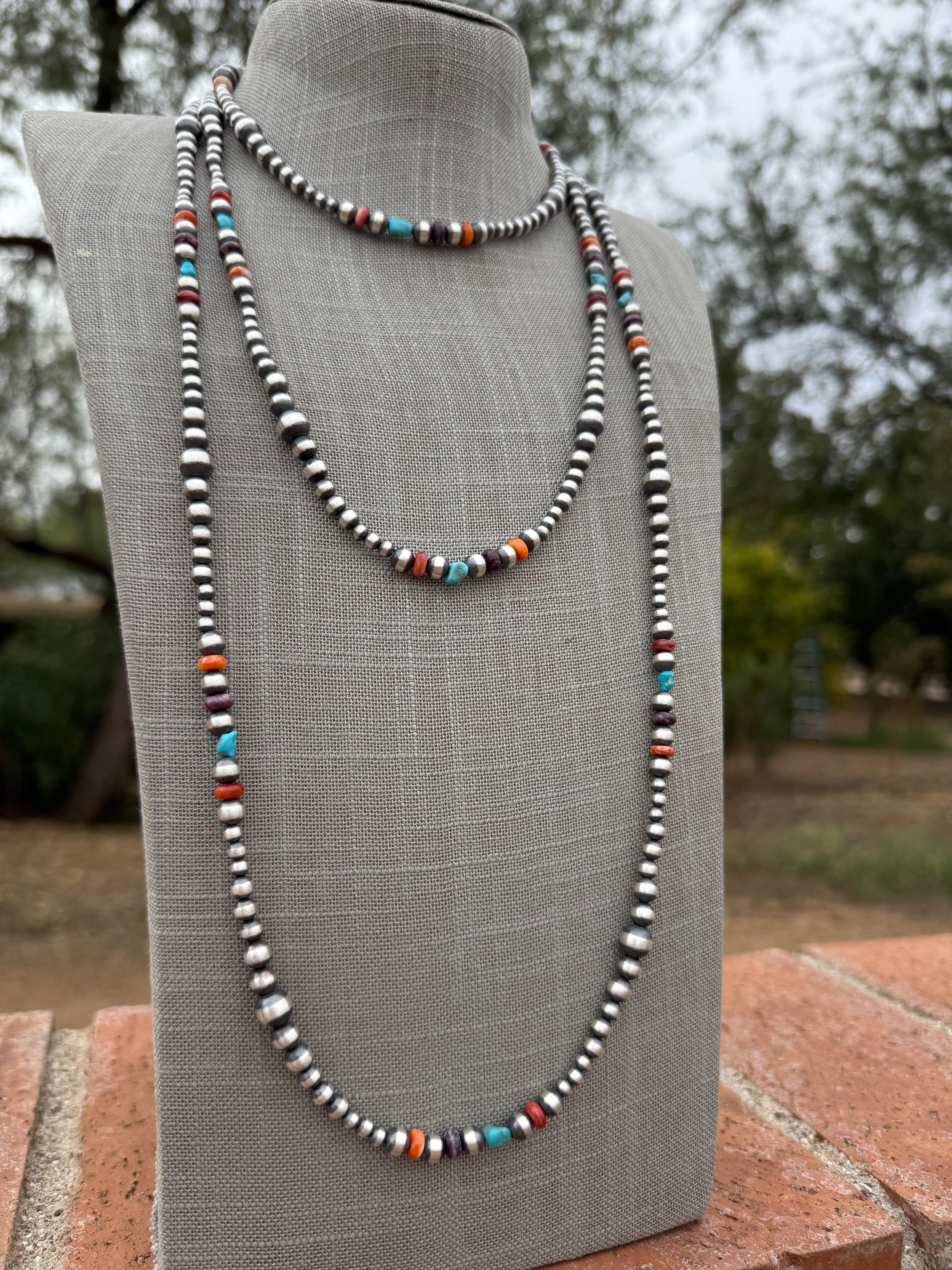 Handcrafted Multi Stone & Sterling Silver 4-8mm Beaded Necklace 72"