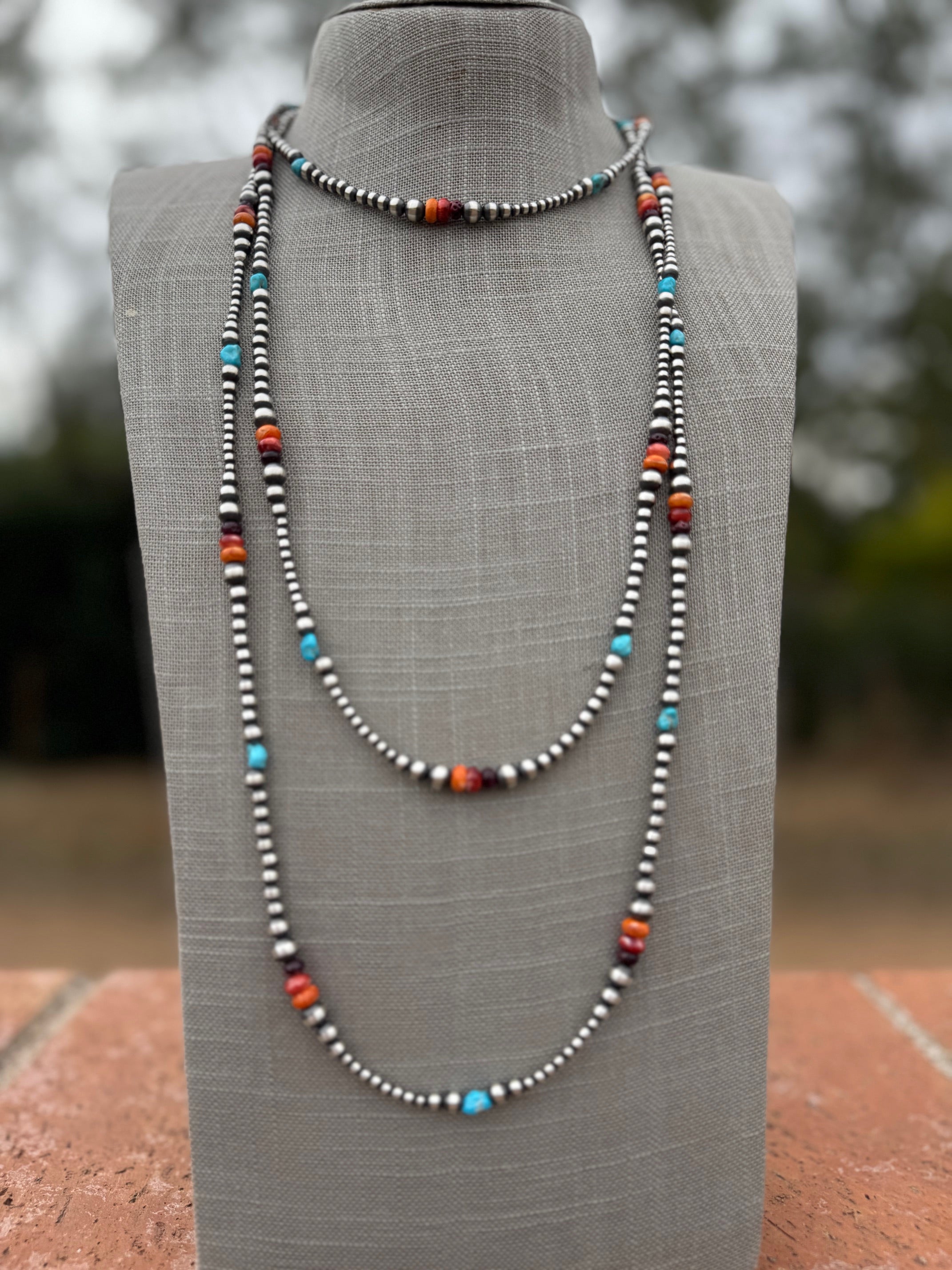Handcrafted Multi Stone & Sterling Silver 3-5mm Beaded Necklace 72"