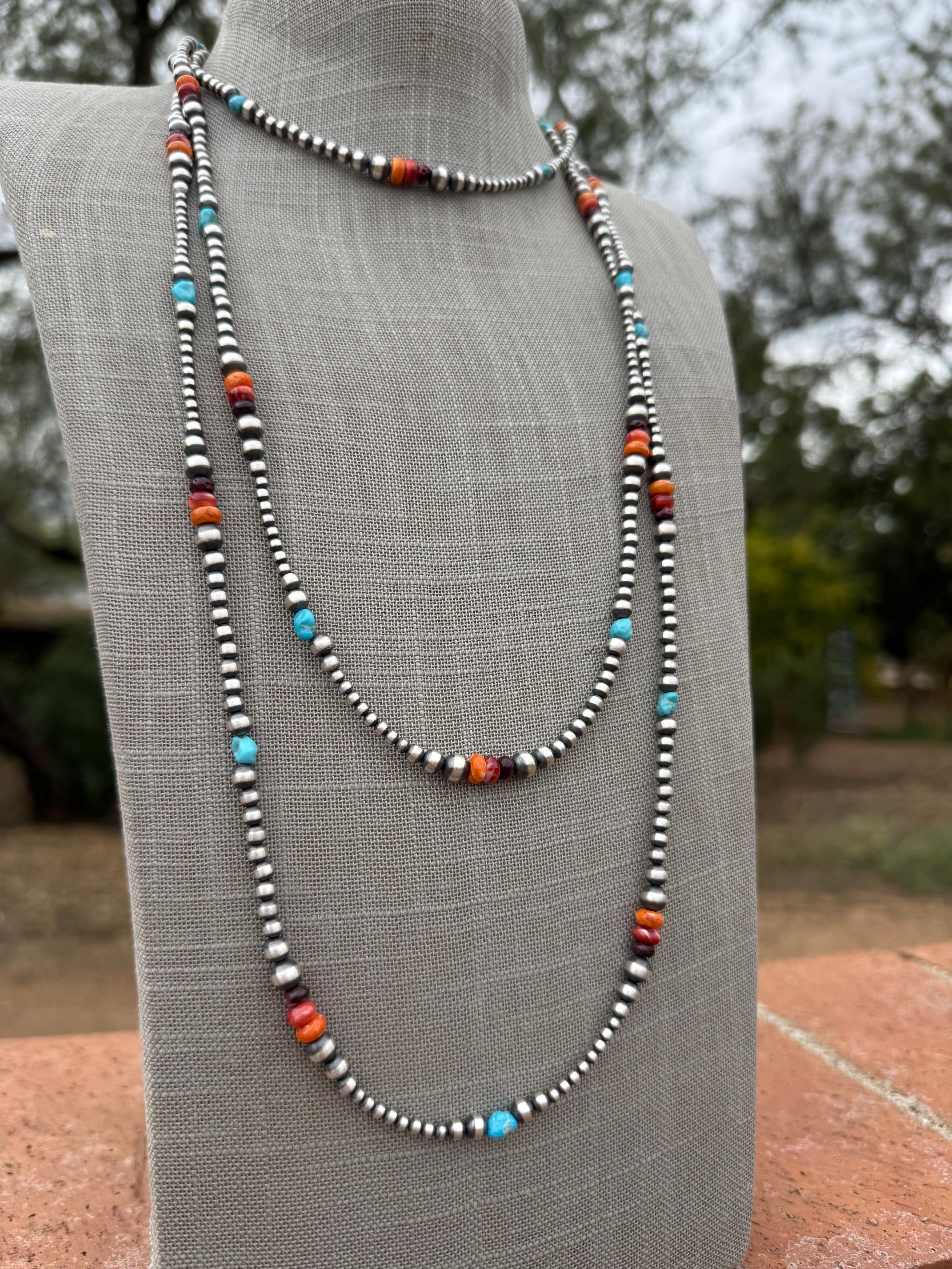 Handcrafted Multi Stone & Sterling Silver 3-5mm Beaded Necklace 72"