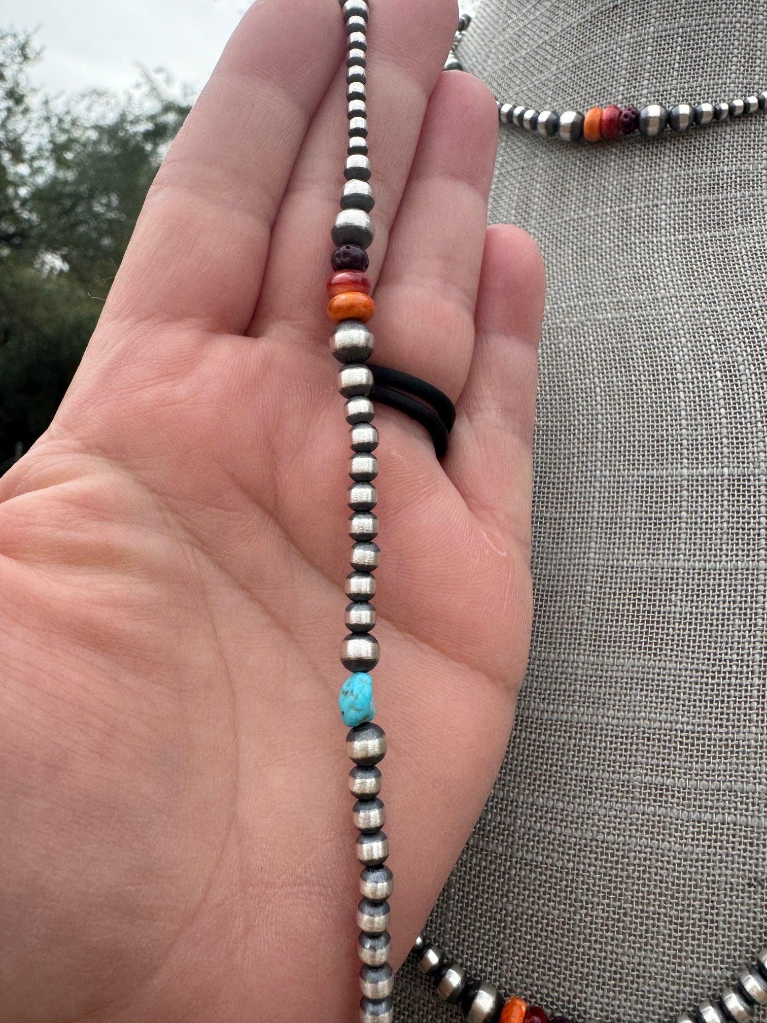 Handcrafted Multi Stone & Sterling Silver 3-5mm Beaded Necklace 72"