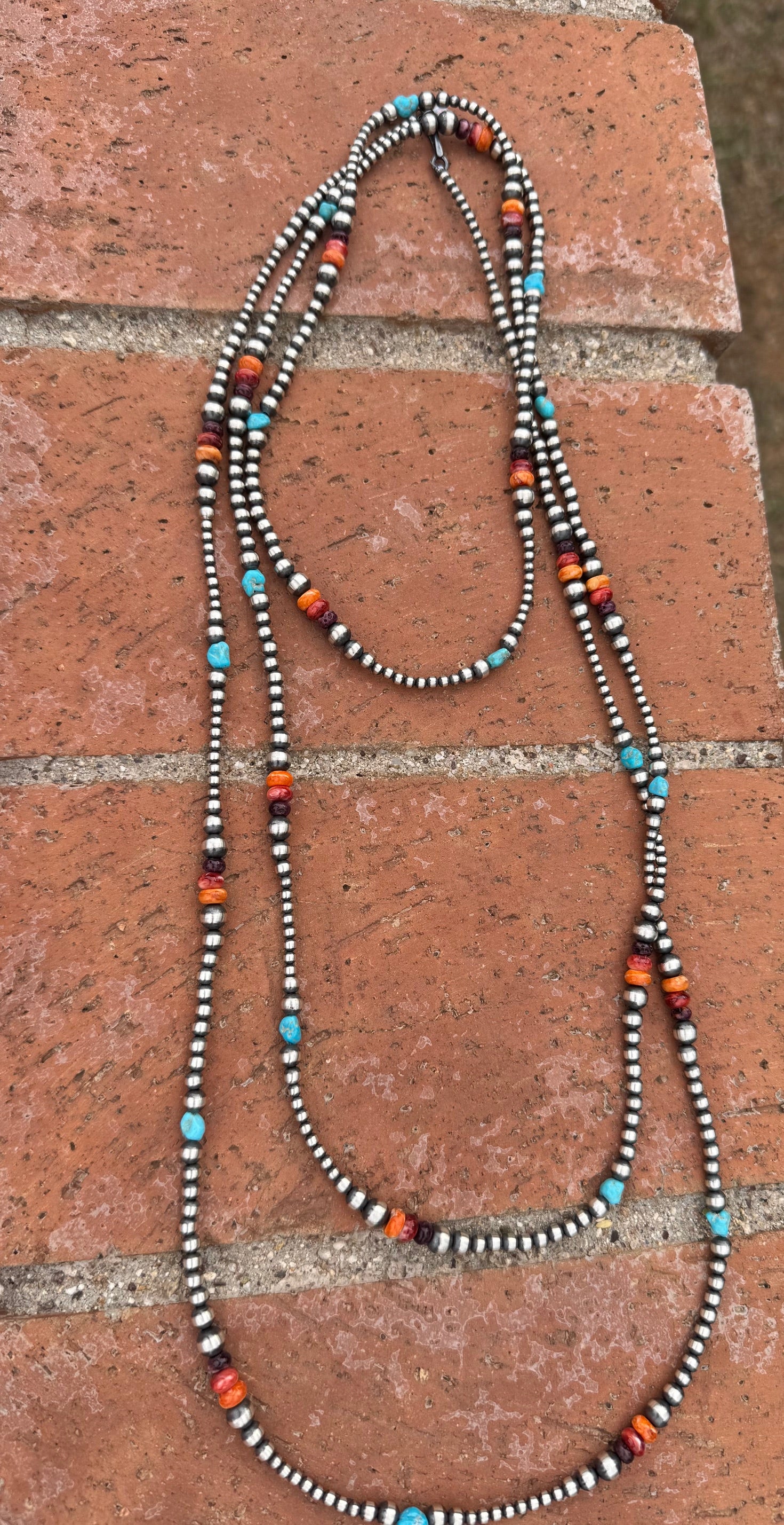 Handcrafted Multi Stone & Sterling Silver 3-5mm Beaded Necklace 72"