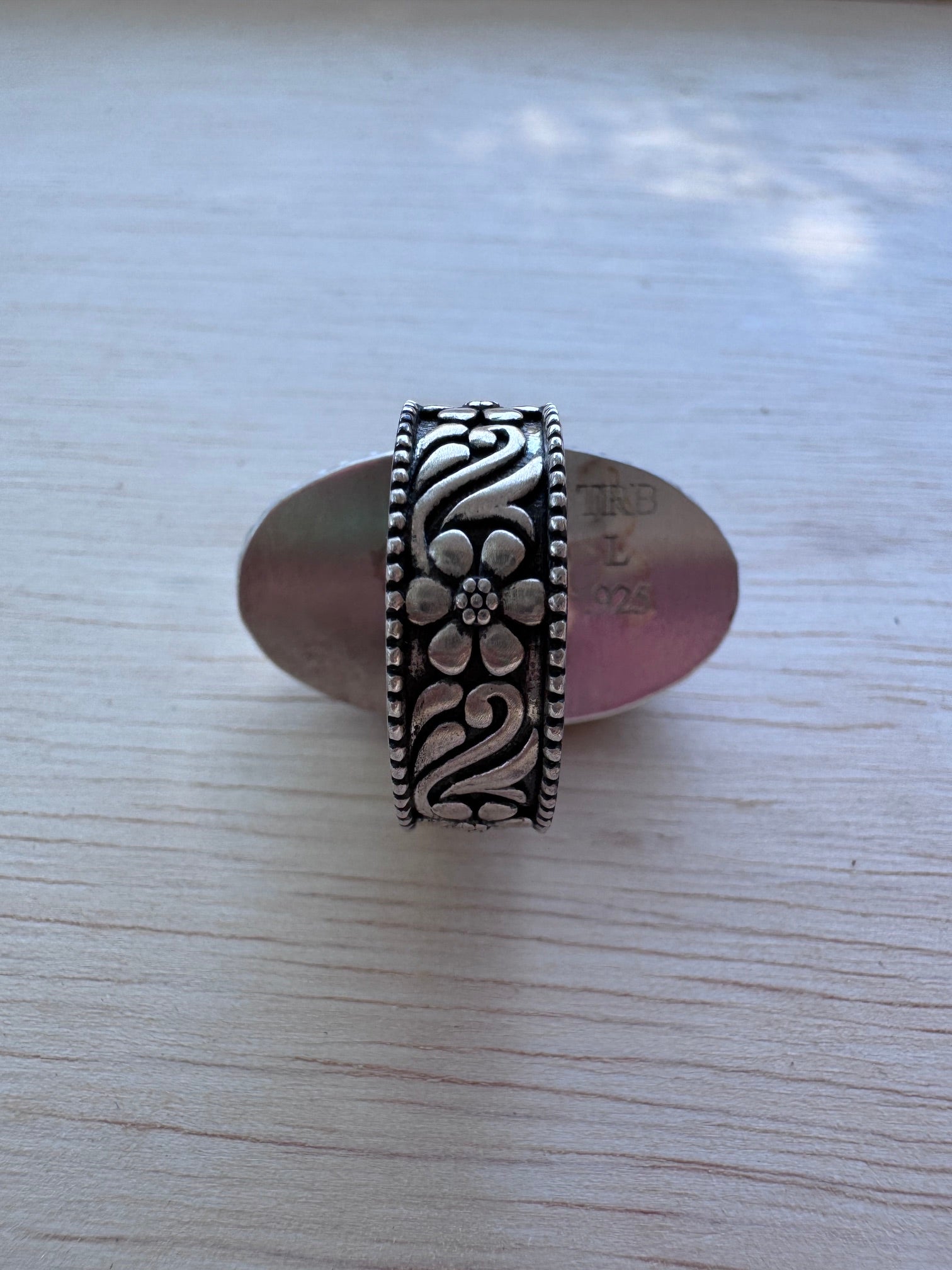 Handmade Sterling Silver Pink Conch Floral Band Ring size 8 by Roaming Buffalo