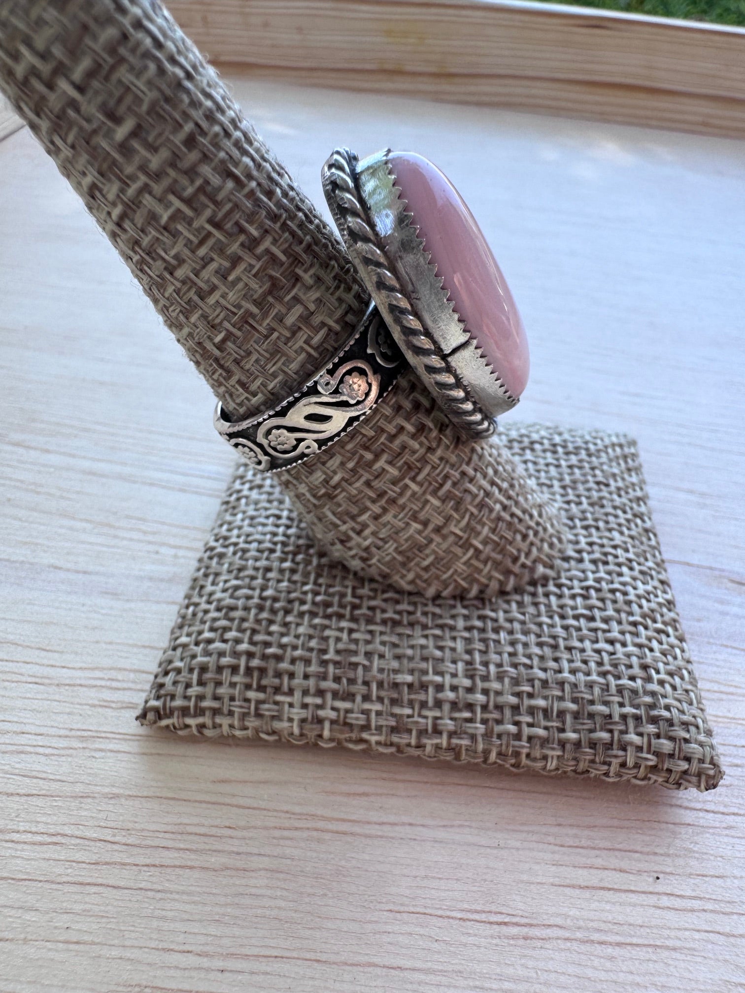 Handmade Sterling Silver Pink Conch Floral Band Ring size 8 by Roaming Buffalo