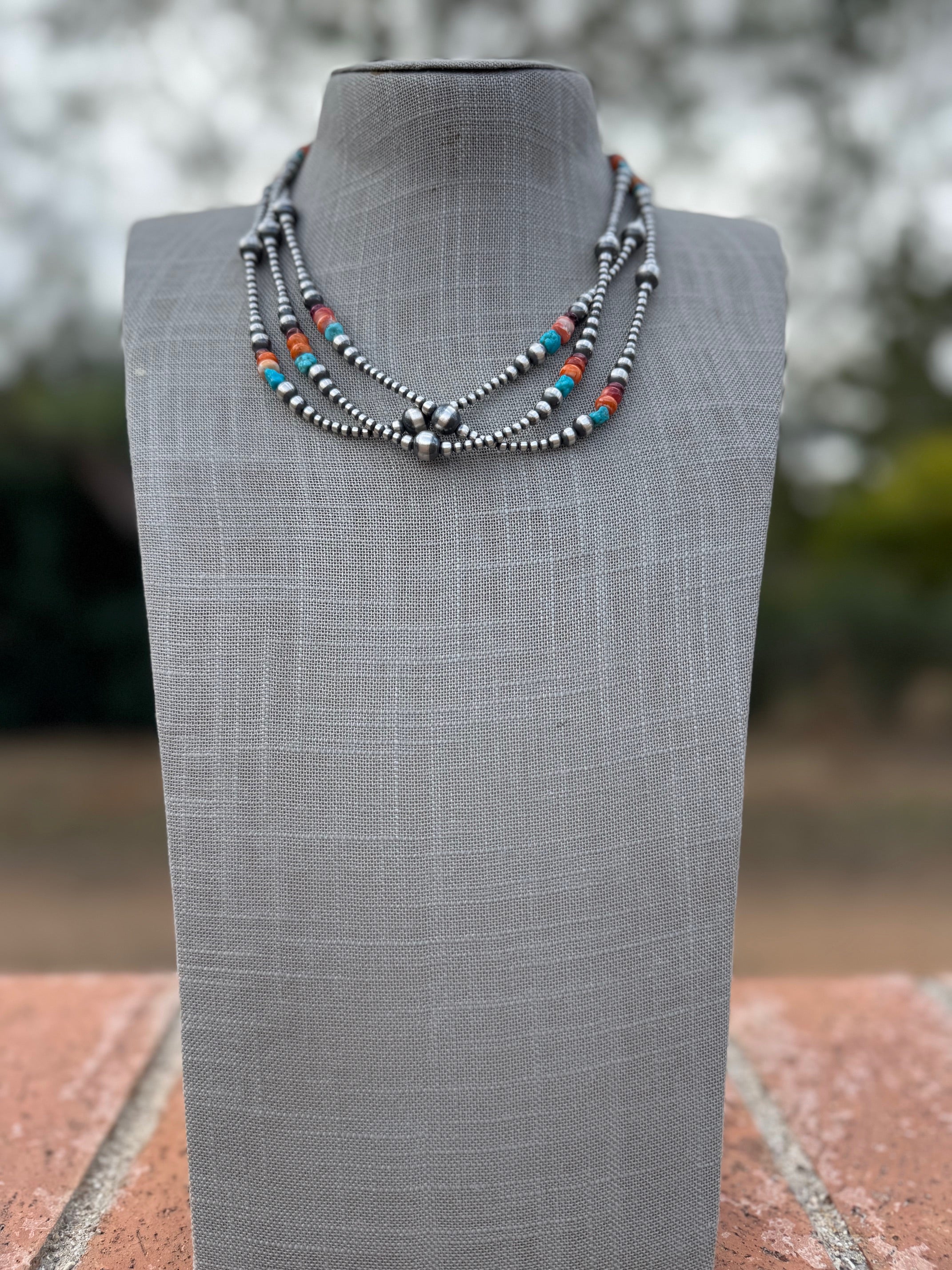 Handcrafted Multi Stone & Sterling Silver 3-8mm Beaded Necklace 18"