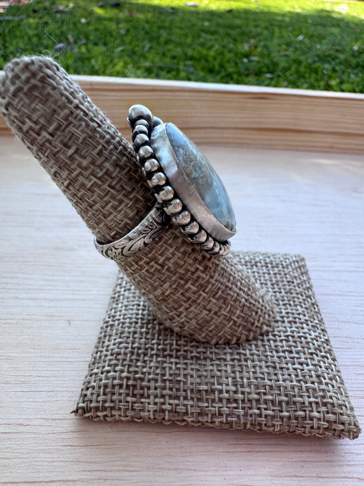 Handmade Sterling Silver Larimar Adjustable Ring by Roaming Buffalo