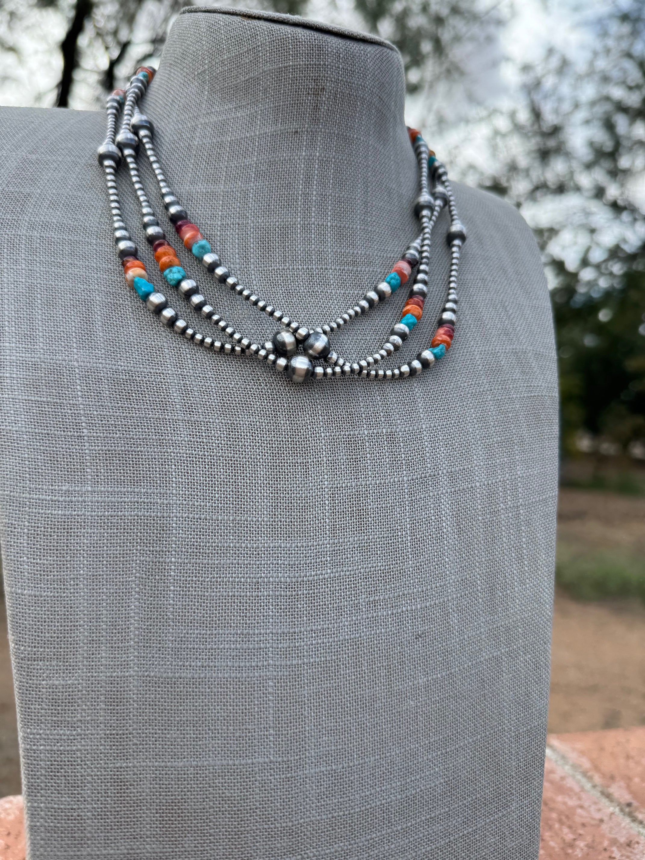 Handcrafted Multi Stone & Sterling Silver 3-8mm Beaded Necklace 18"