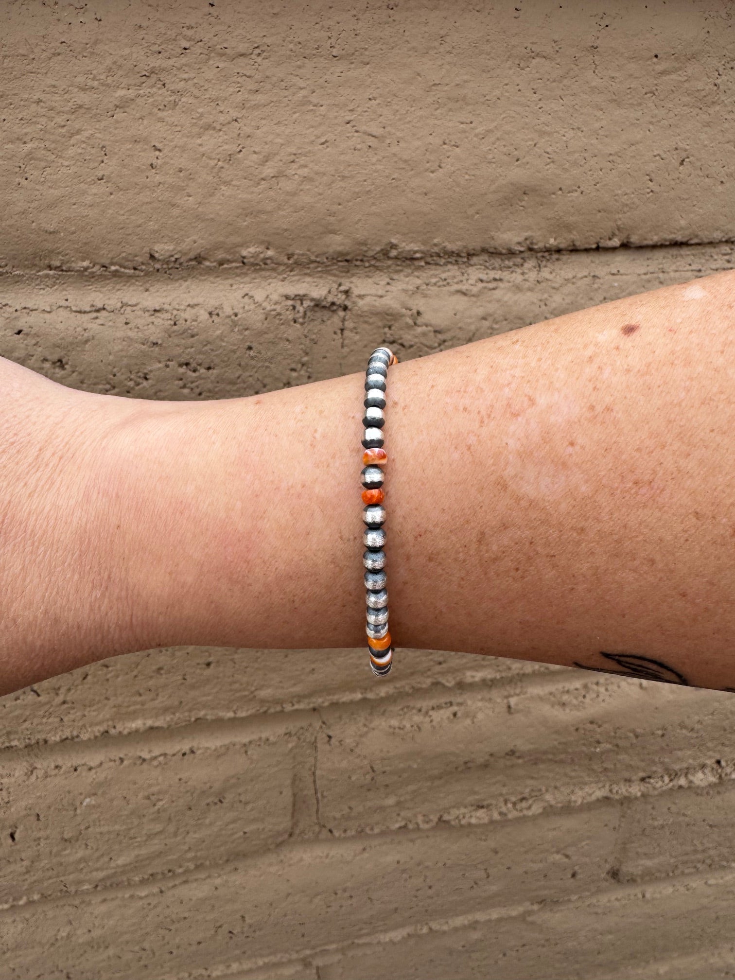 Handcrafted Orange Spiny & Sterling Silver 4mm Beaded Bracelet 7.5"