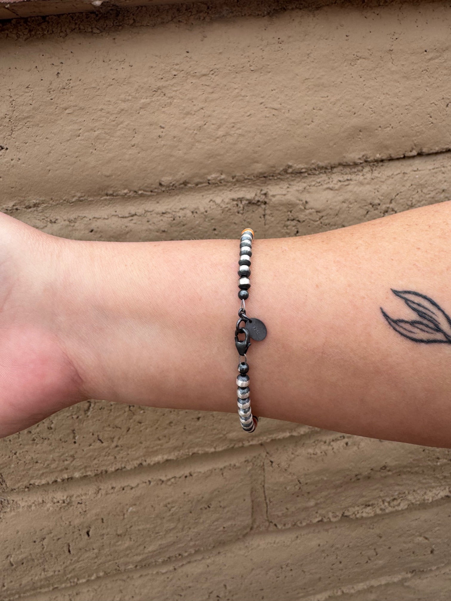 Handcrafted Orange Spiny & Sterling Silver 4mm Beaded Bracelet 7.5"