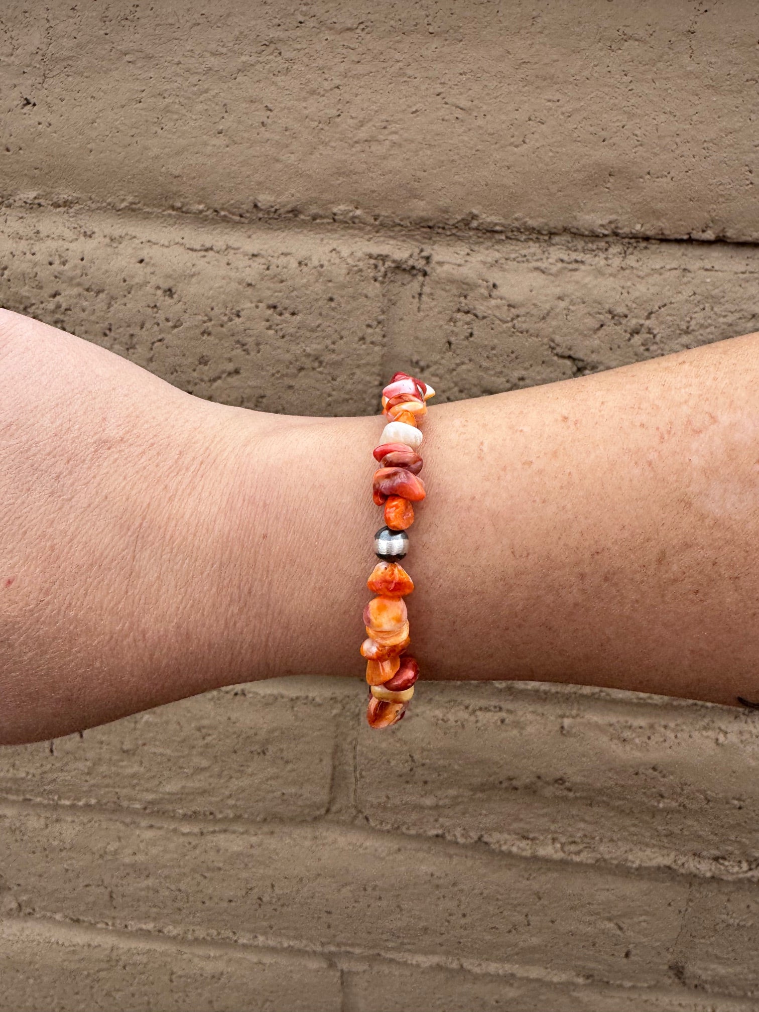 Handcrafted Orange Spiny & Sterling Silver 6mm Beaded Bracelet 7.5"