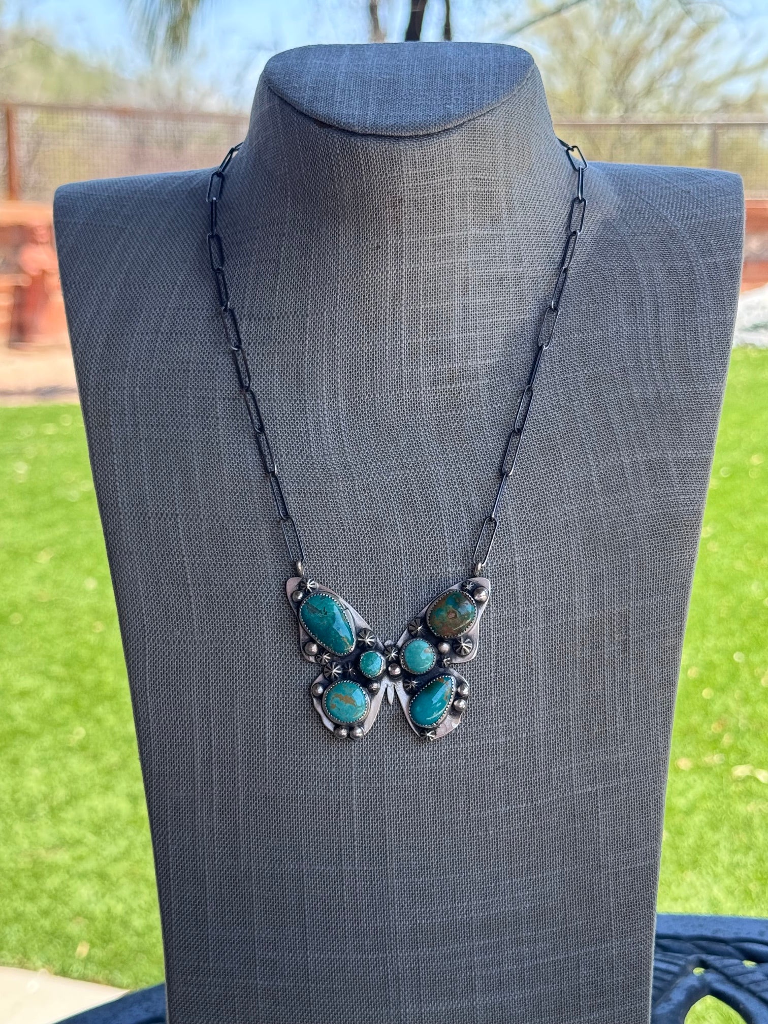 Handmade Sterling Silver & Mixed Media Turquoise Butterfly 19.5" Necklace by Roaming Buffalo