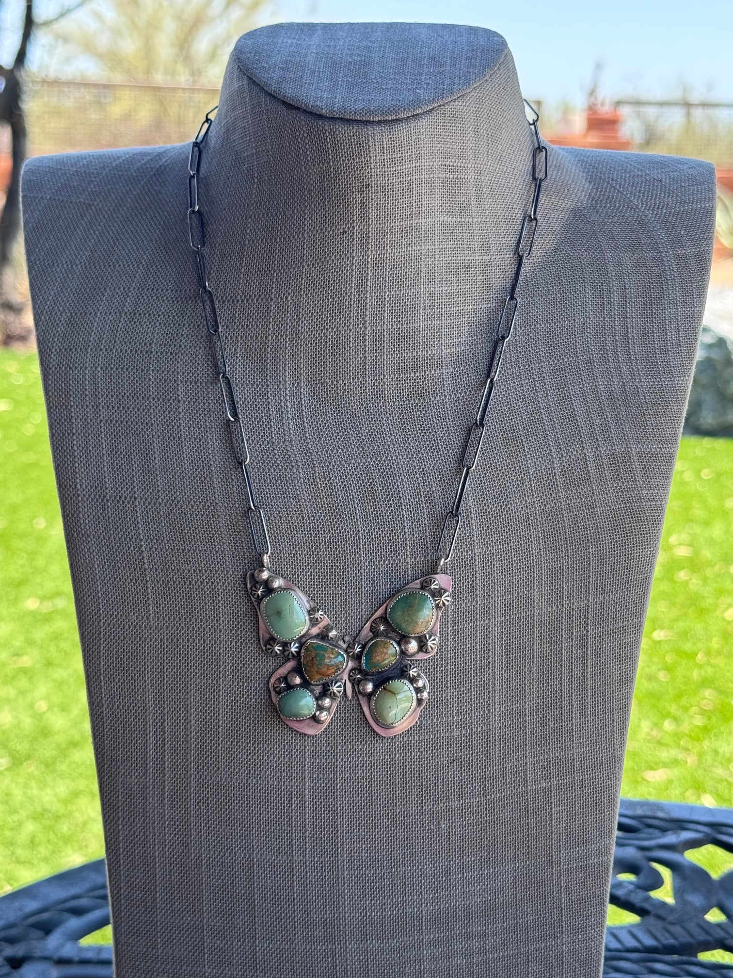 Handmade Sterling Silver & Mixed Media Turquoise Butterfly 19.5" Necklace by Roaming Buffalo