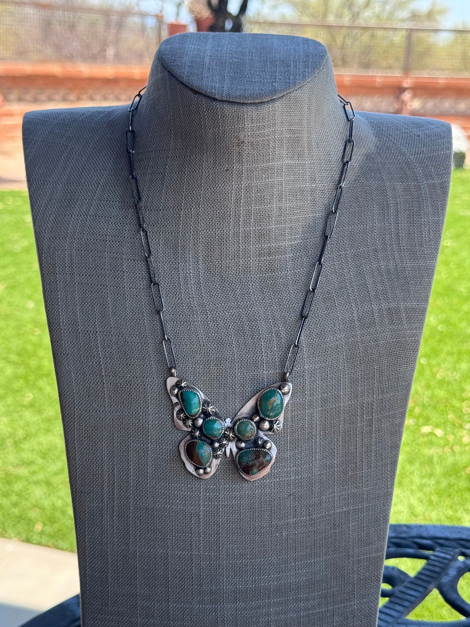 Handmade Sterling Silver & Mixed Media Turquoise Butterfly 19.75" Necklace by Roaming Buffalo