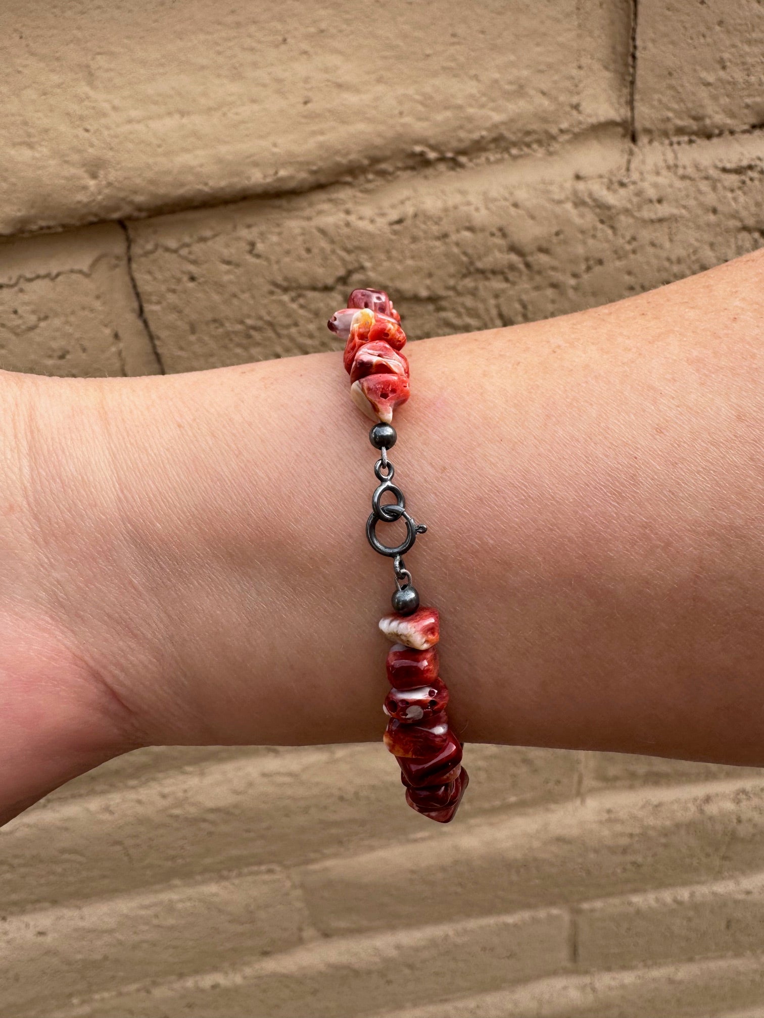 Handcrafted Spiny & Sterling Silver Beaded Bracelet 7.5"