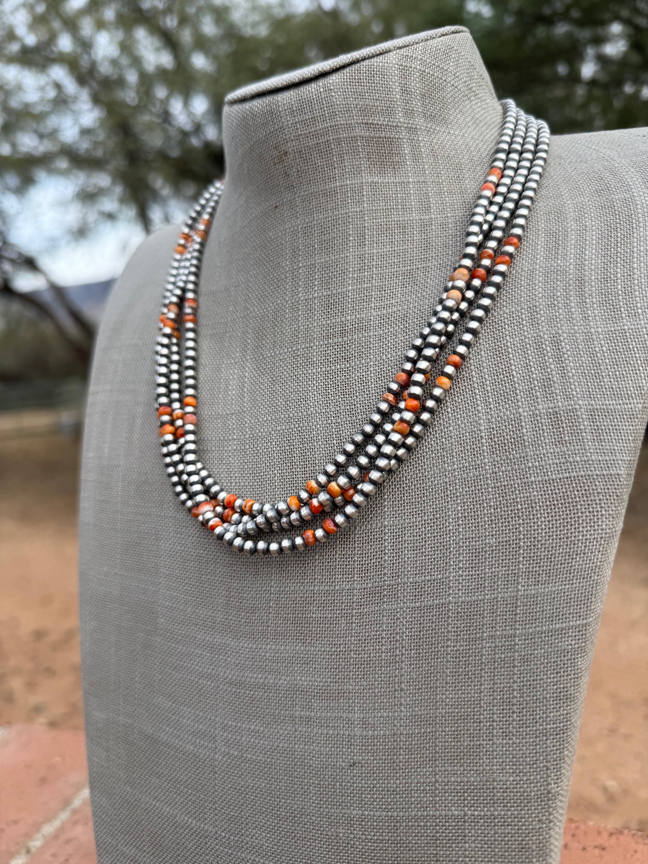 Handcrafted Orange Spiny & Sterling Silver 4mm Beaded Necklace 20"