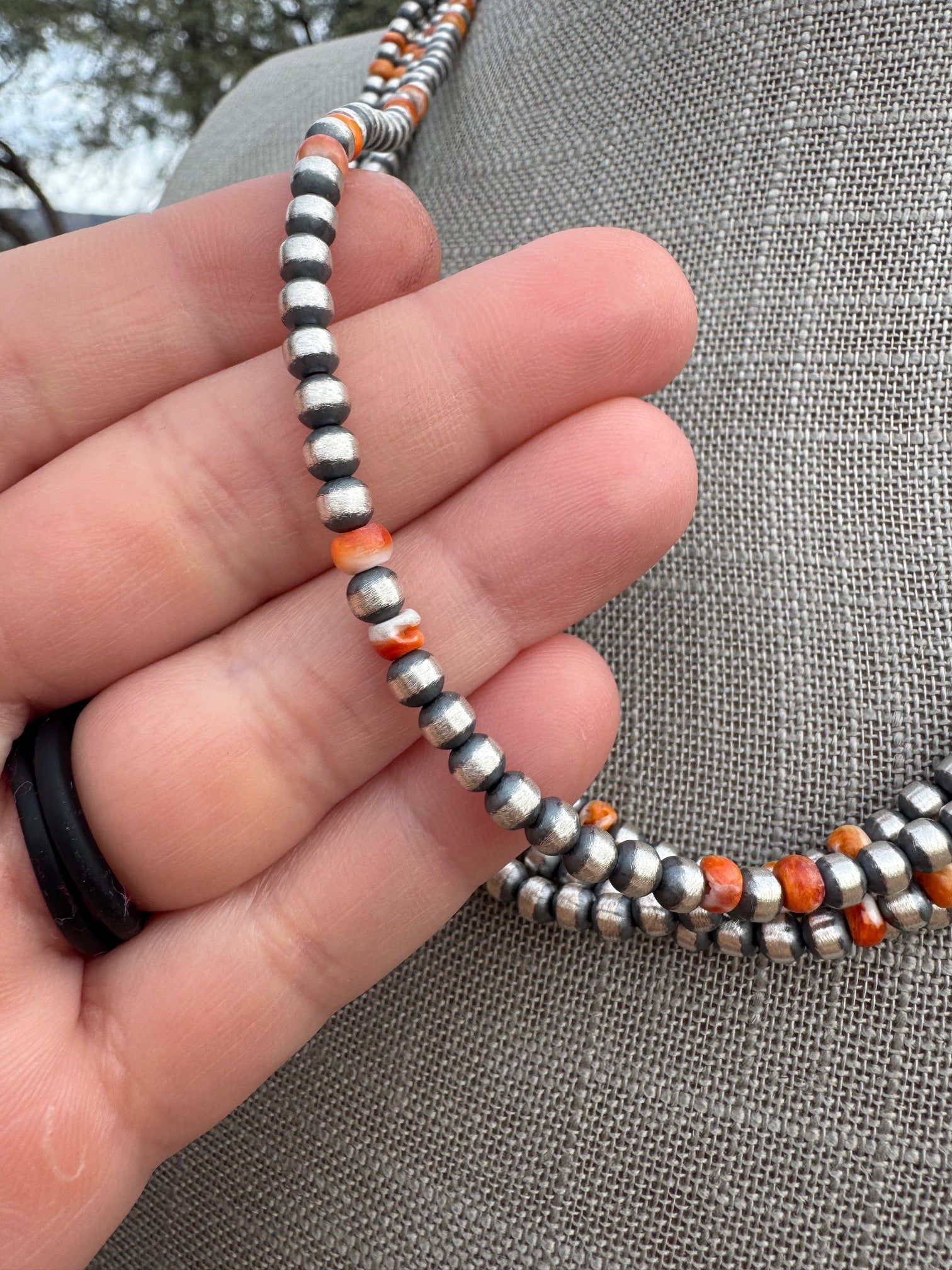 Handcrafted Orange Spiny & Sterling Silver 4mm Beaded Necklace 20"