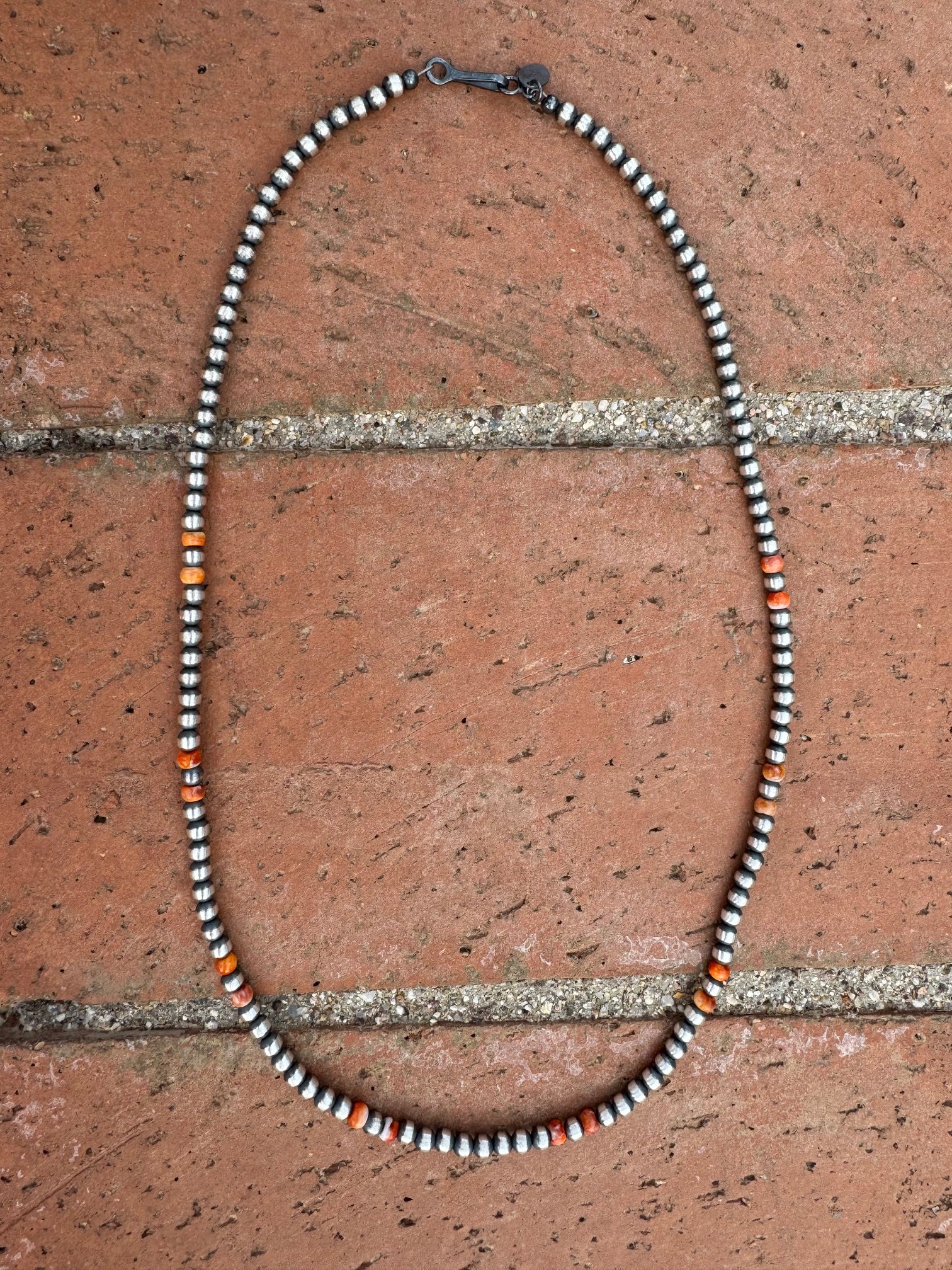 Handcrafted Orange Spiny & Sterling Silver 4mm Beaded Necklace 20"